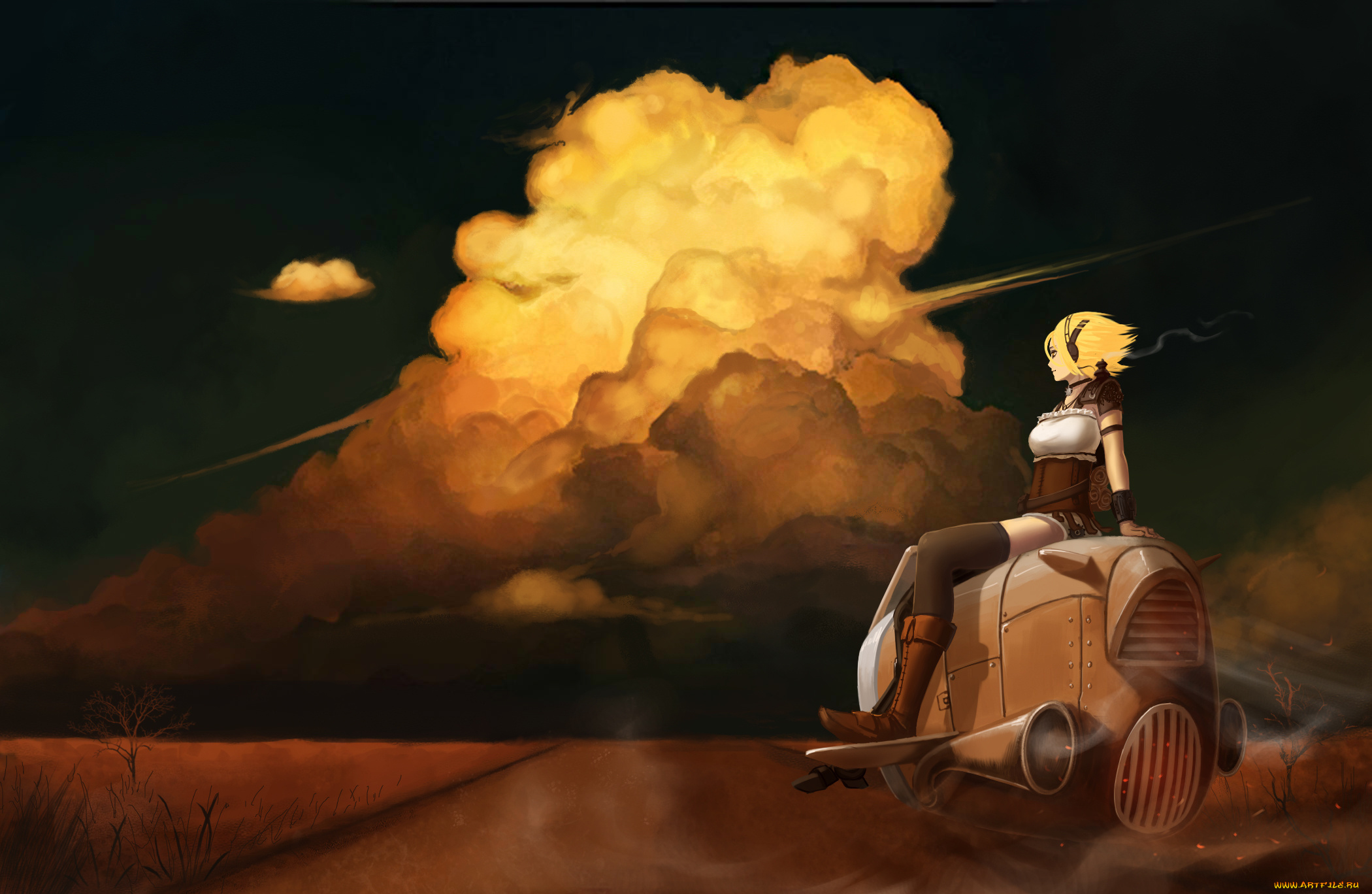 аниме, instrumental, , technology, &, technology, дорога, wei, ji, наушники, природа, облака, небо, арт, headphones