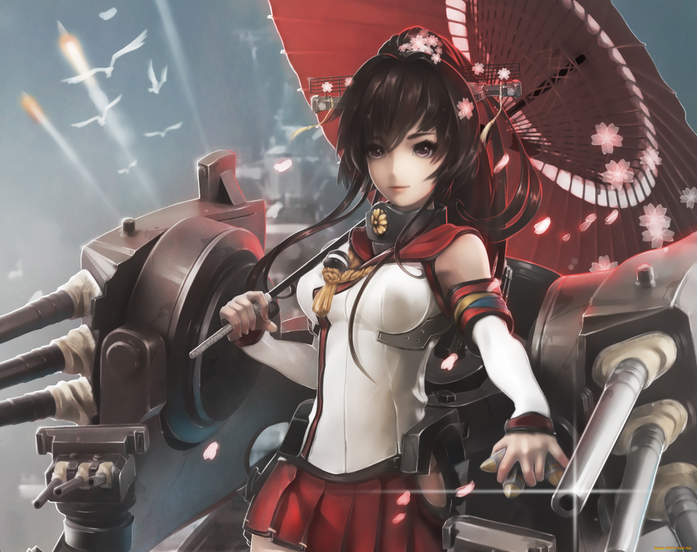 аниме, -weapon, , blood, &, technology, улыбка, yamato, девушка, monkey, buonarroti, art, kantai, collection, лепестки, птицы, оружие, зонт