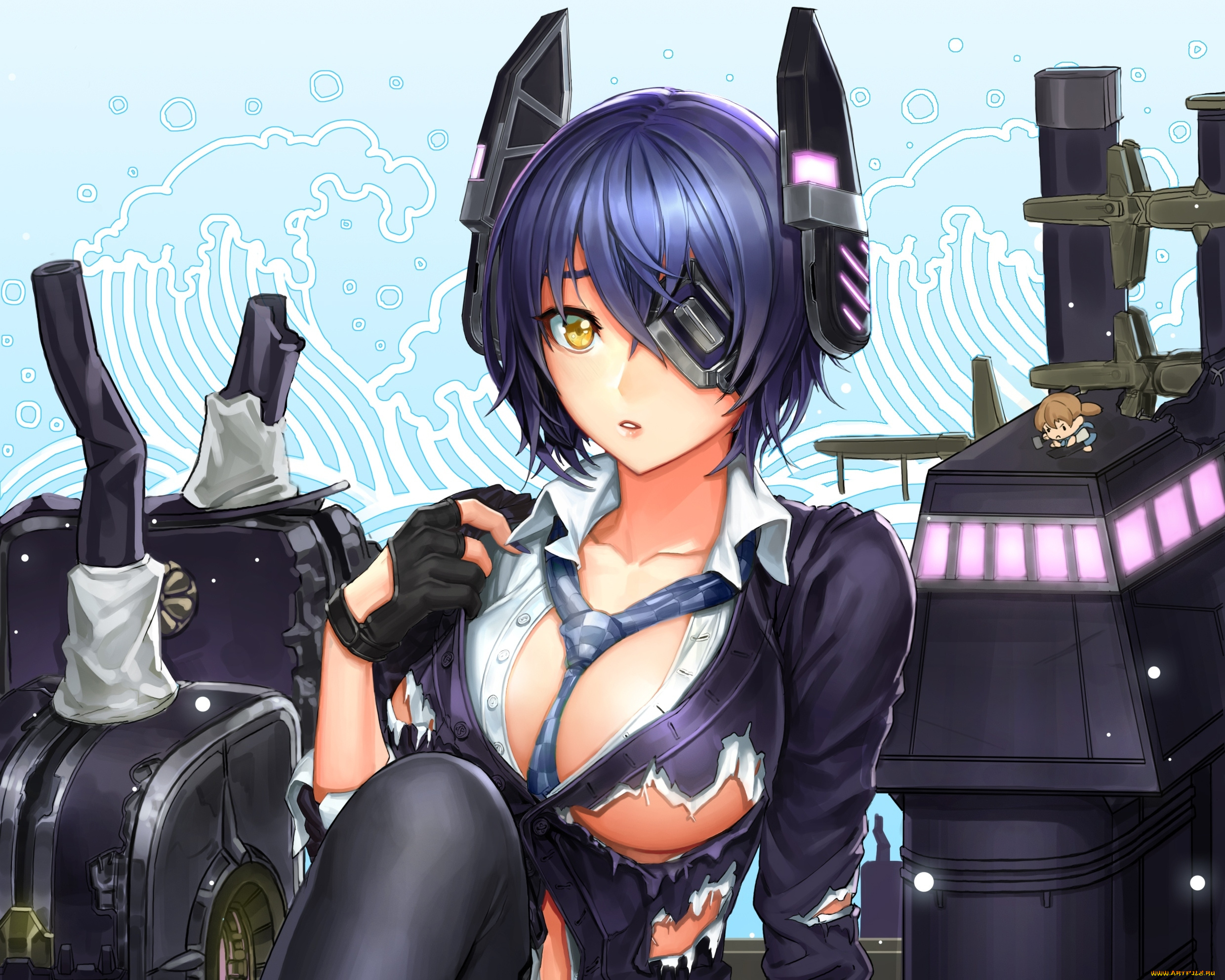 аниме, *unknown, , другое, удивление, взгляд, kantai, collection, оружие, повязка, на, глаз, грудь, tenryuu, light, cruiser, девушка, ake, art