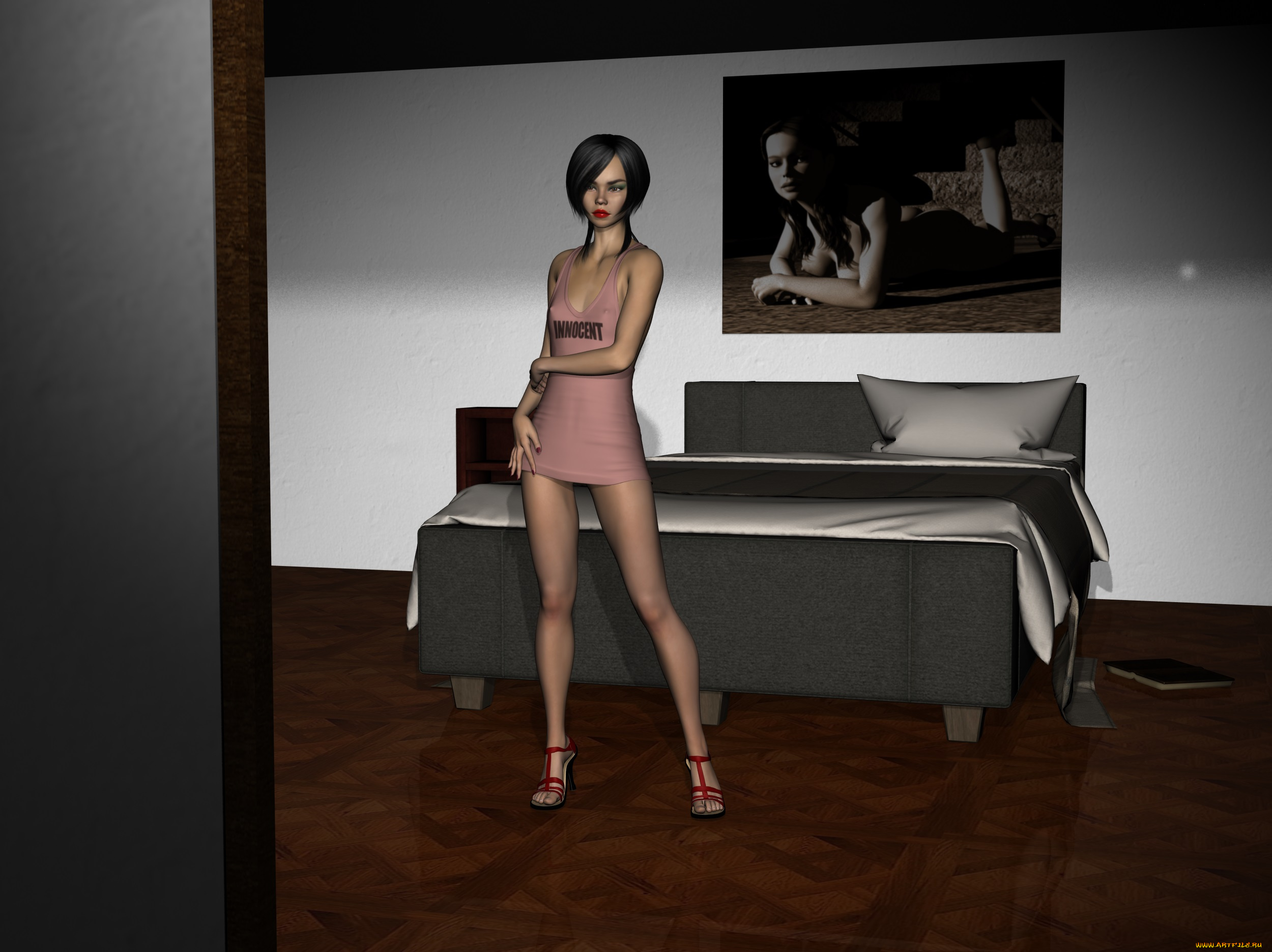 3д, графика, people, , люди, кровать, взгляд, девушка