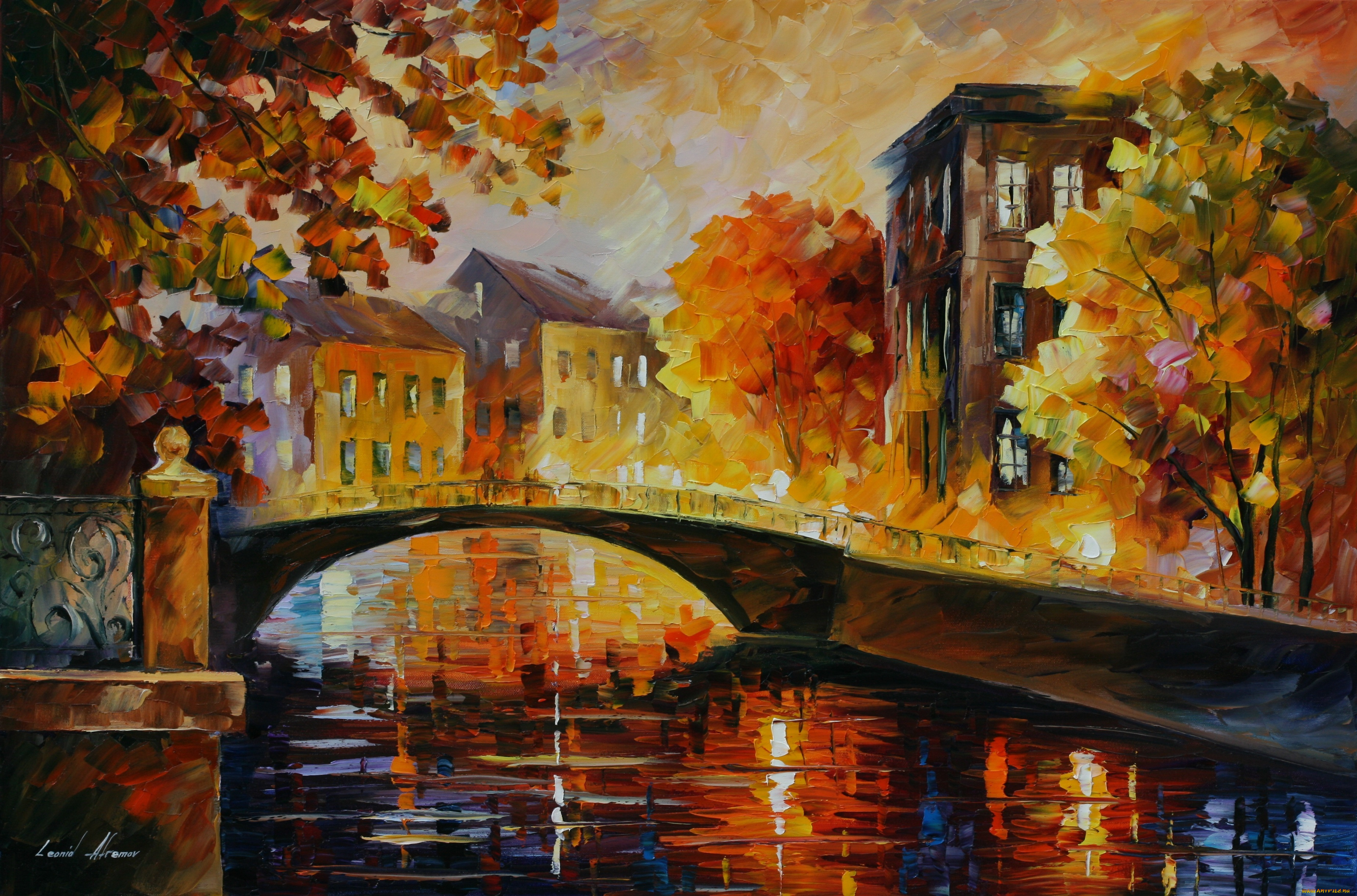рисованные, leonid, afremov, пейзаж, деревья, осень, дома, мостик, городской, leonid, afremov