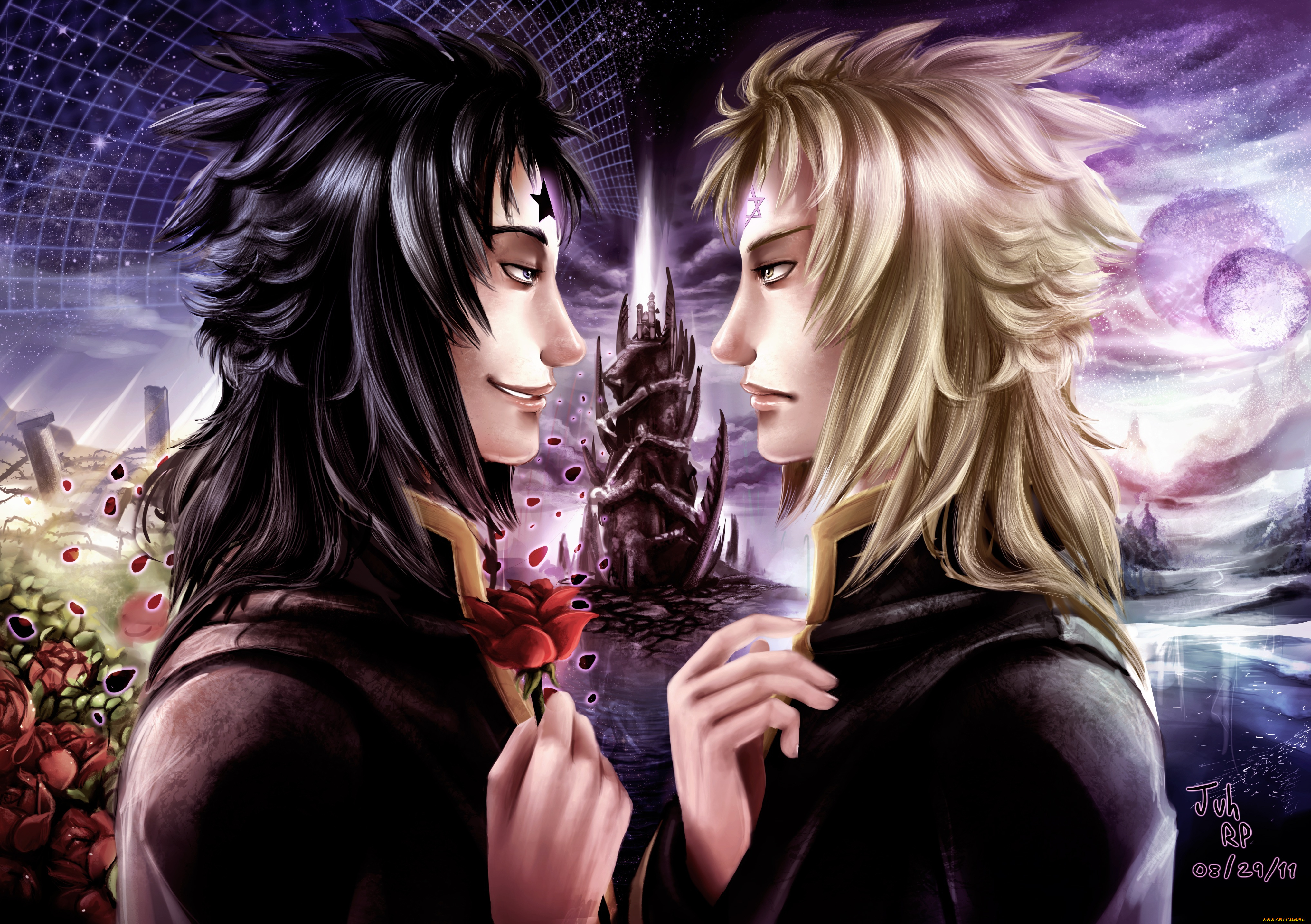 аниме, *unknown, , другое, улыбка, двое, роза, цветы, блондин, брюнет, светлый, тёмный, парни