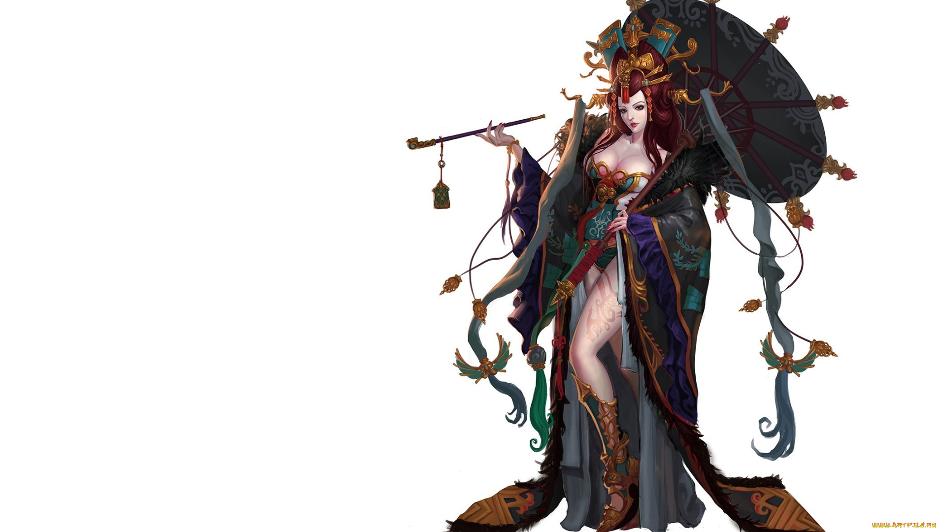 фэнтези, девушки, эротика, арт, девушка, гейша, макияж, взгляд, зонтик, трубка, фон