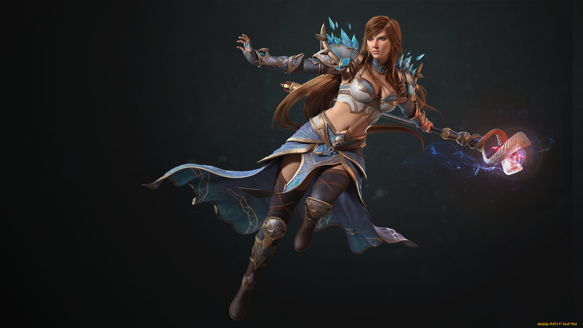 фэнтези, девушки, фон, бежит, арт, девушка, взгляд, костюм, посох