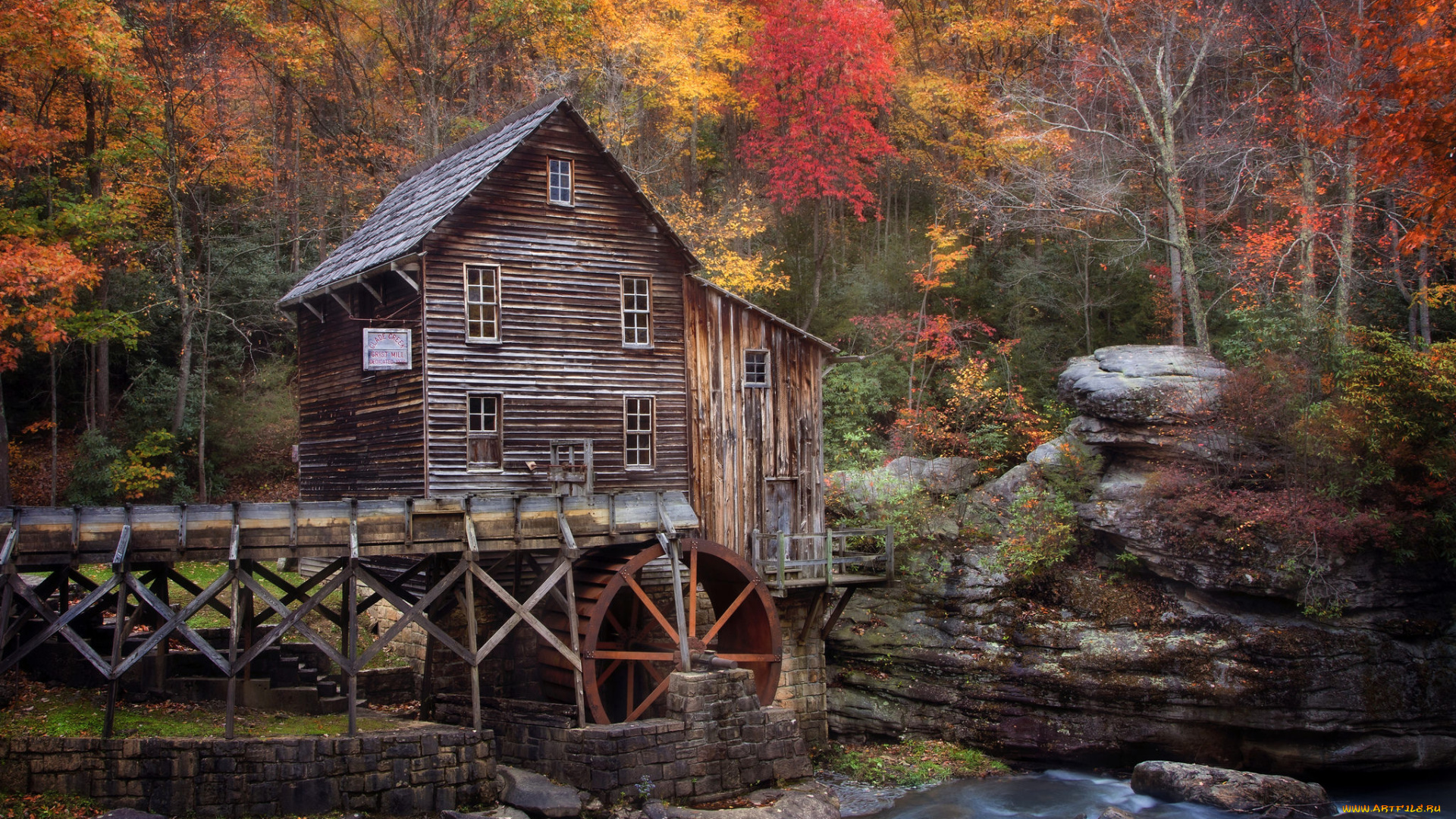 разное, мельницы, мельня, река, лес, осень