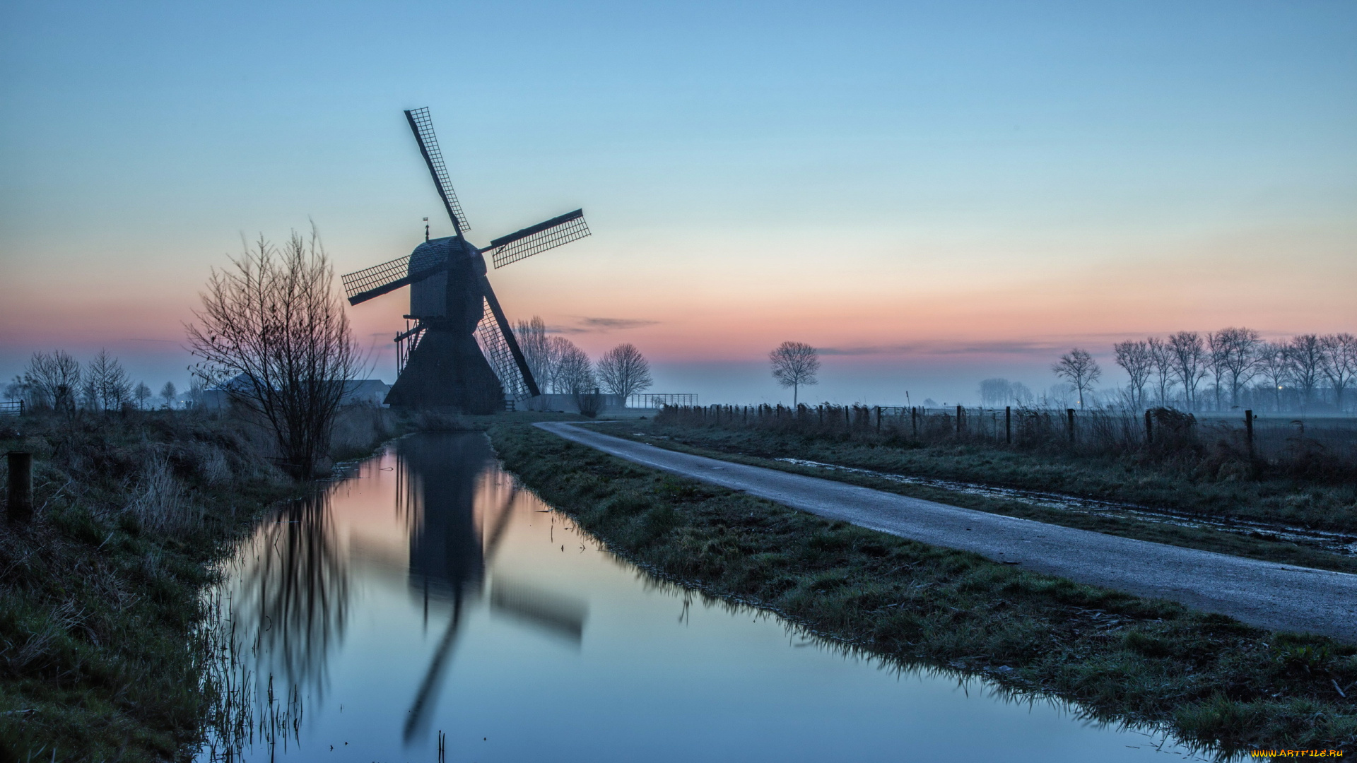 разное, мельницы, утро, пейзаж, канал, дорога, мельница