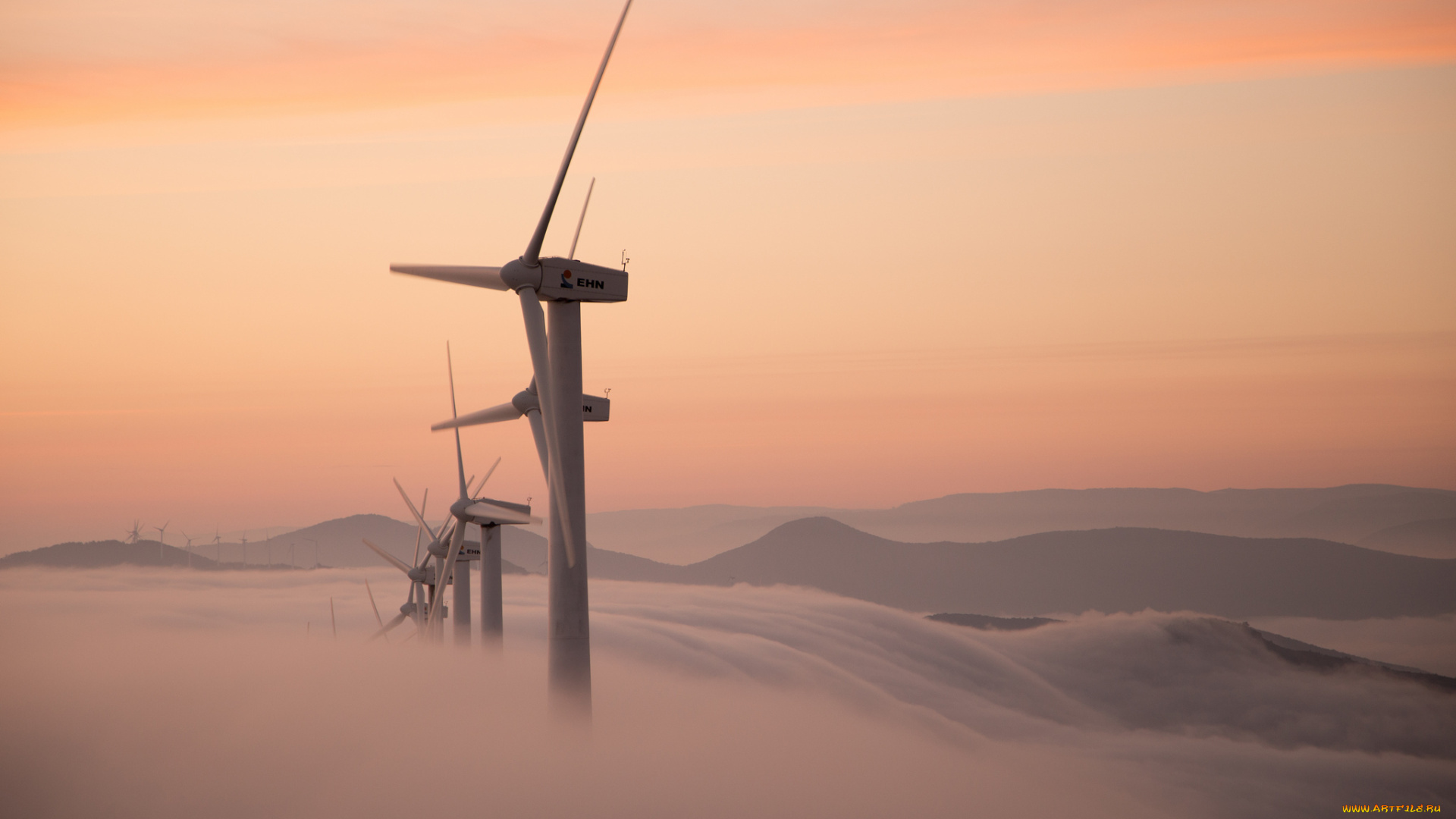 разное, мельницы, утро, туман, ветряные