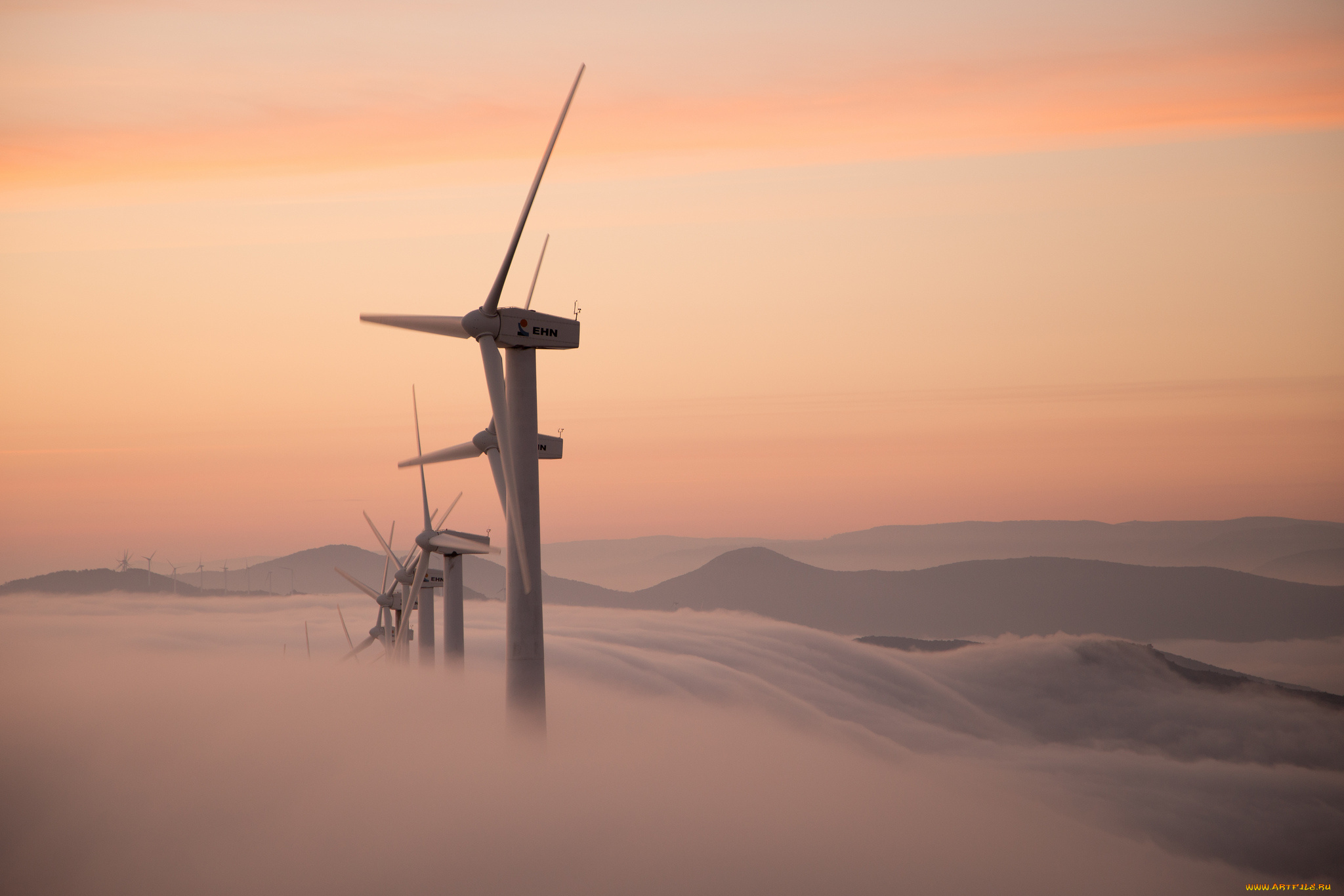 разное, мельницы, утро, туман, ветряные