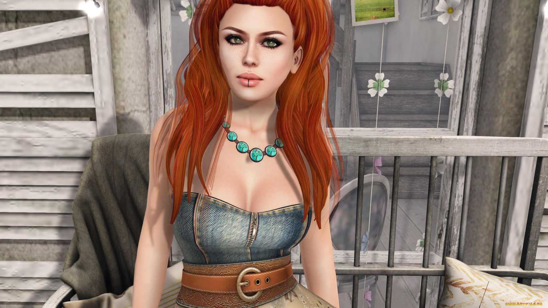 3д, графика, люди, , people, интерьер, рыжая, фон, взгляд, девушка