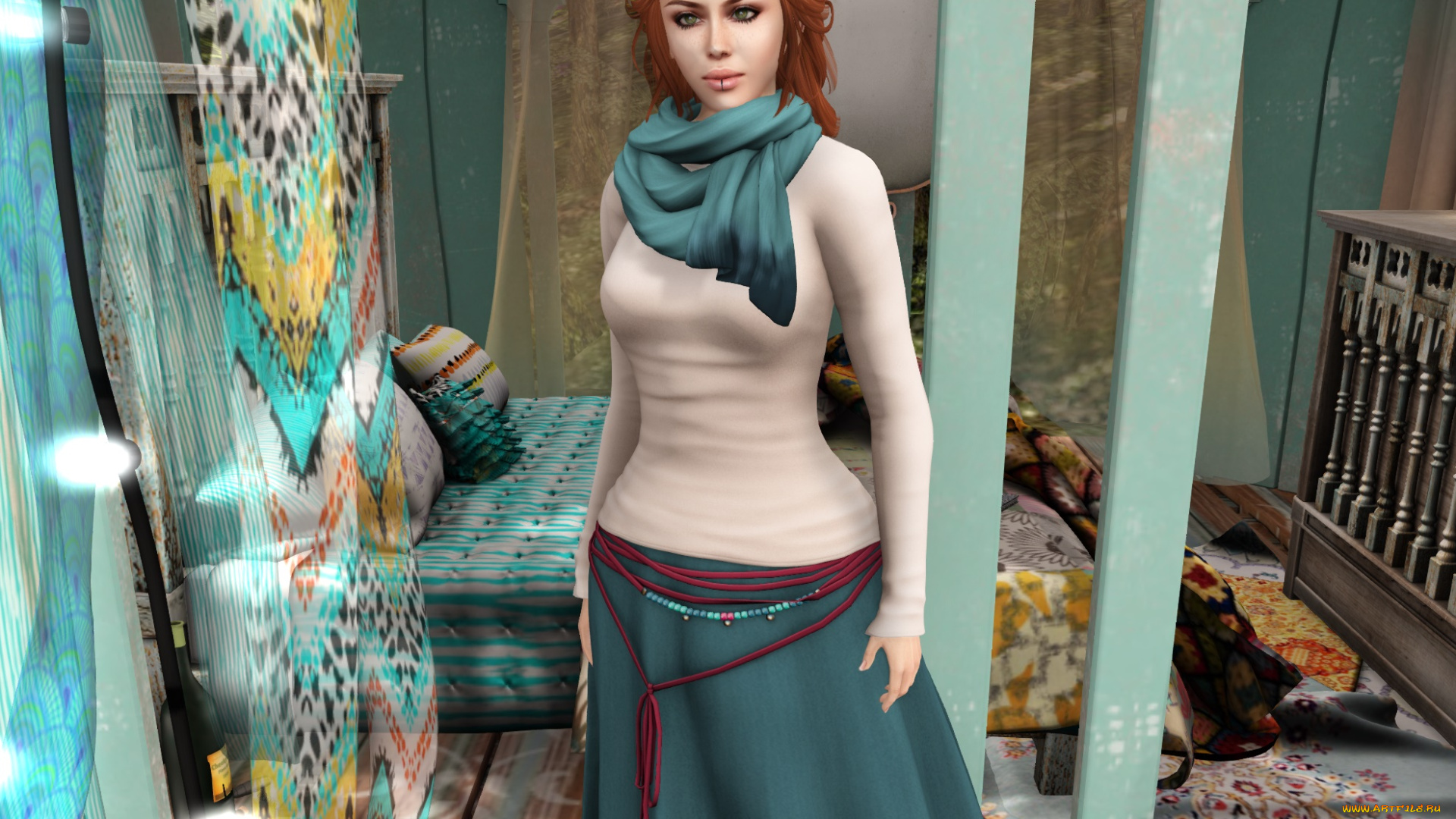 3д, графика, люди, , people, рыжая, девушка, взгляд, фон