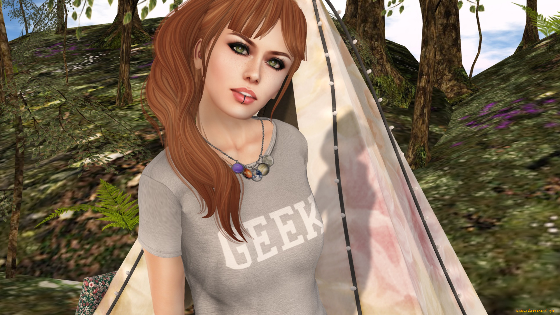 3д, графика, люди, , people, рыжая, фон, взгляд, девушка