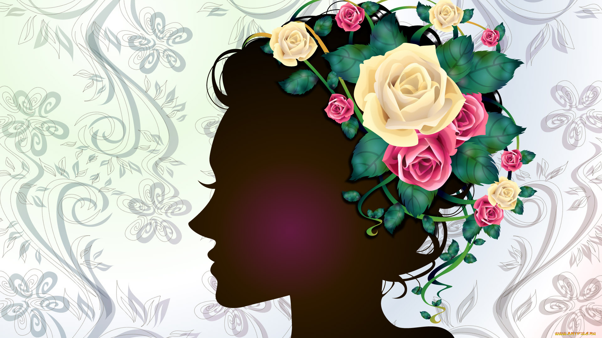 векторная, графика, девушки, , girls, фон, взгляд, девушка, цветы