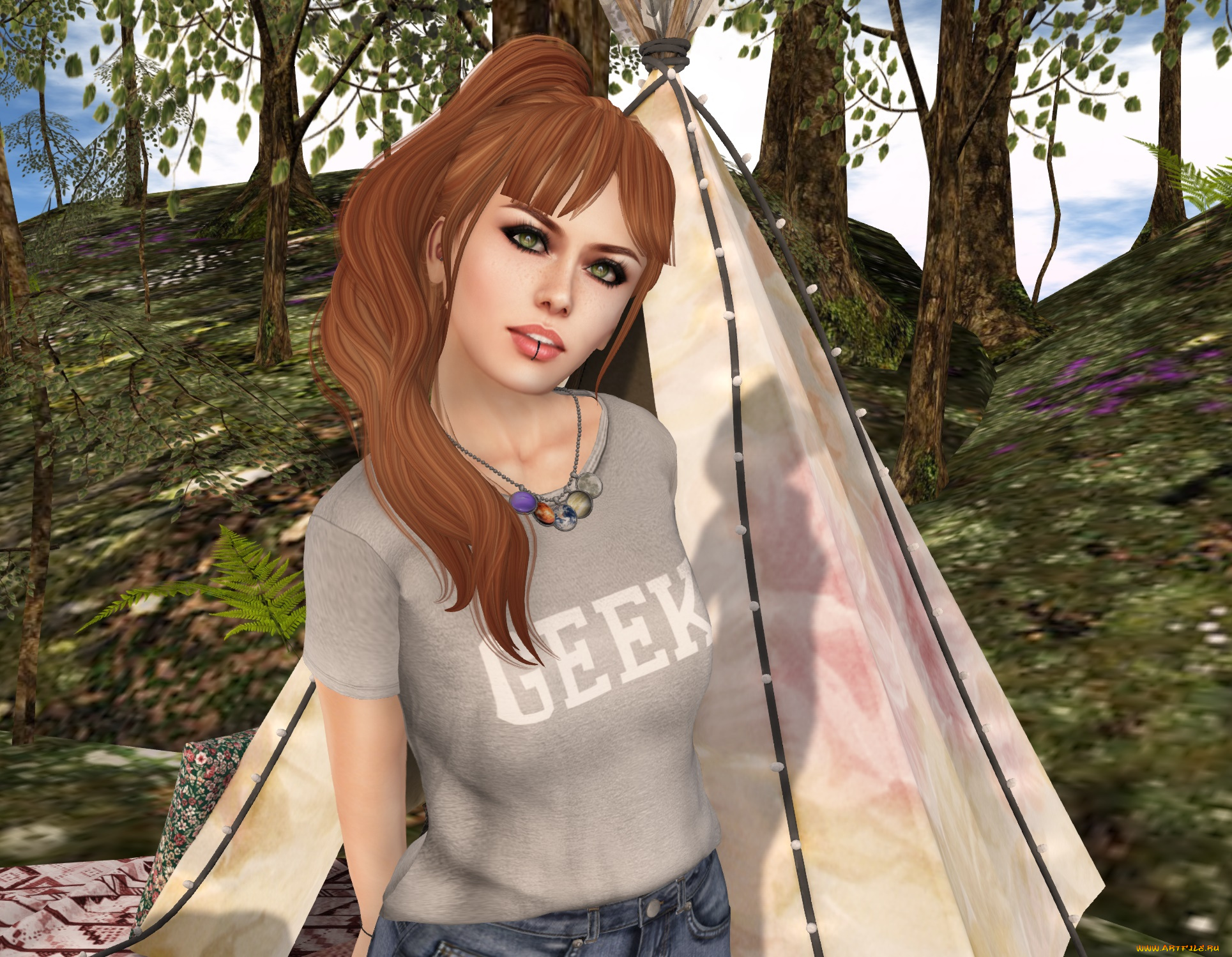 3д, графика, люди, , people, рыжая, фон, взгляд, девушка