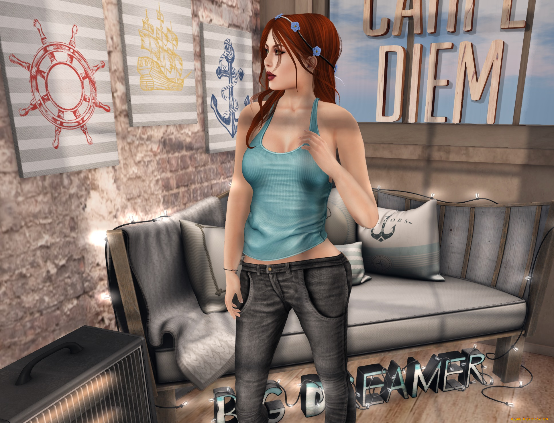 3д, графика, люди, , people, фон, взгляд, девушка, интерьер, рыжая