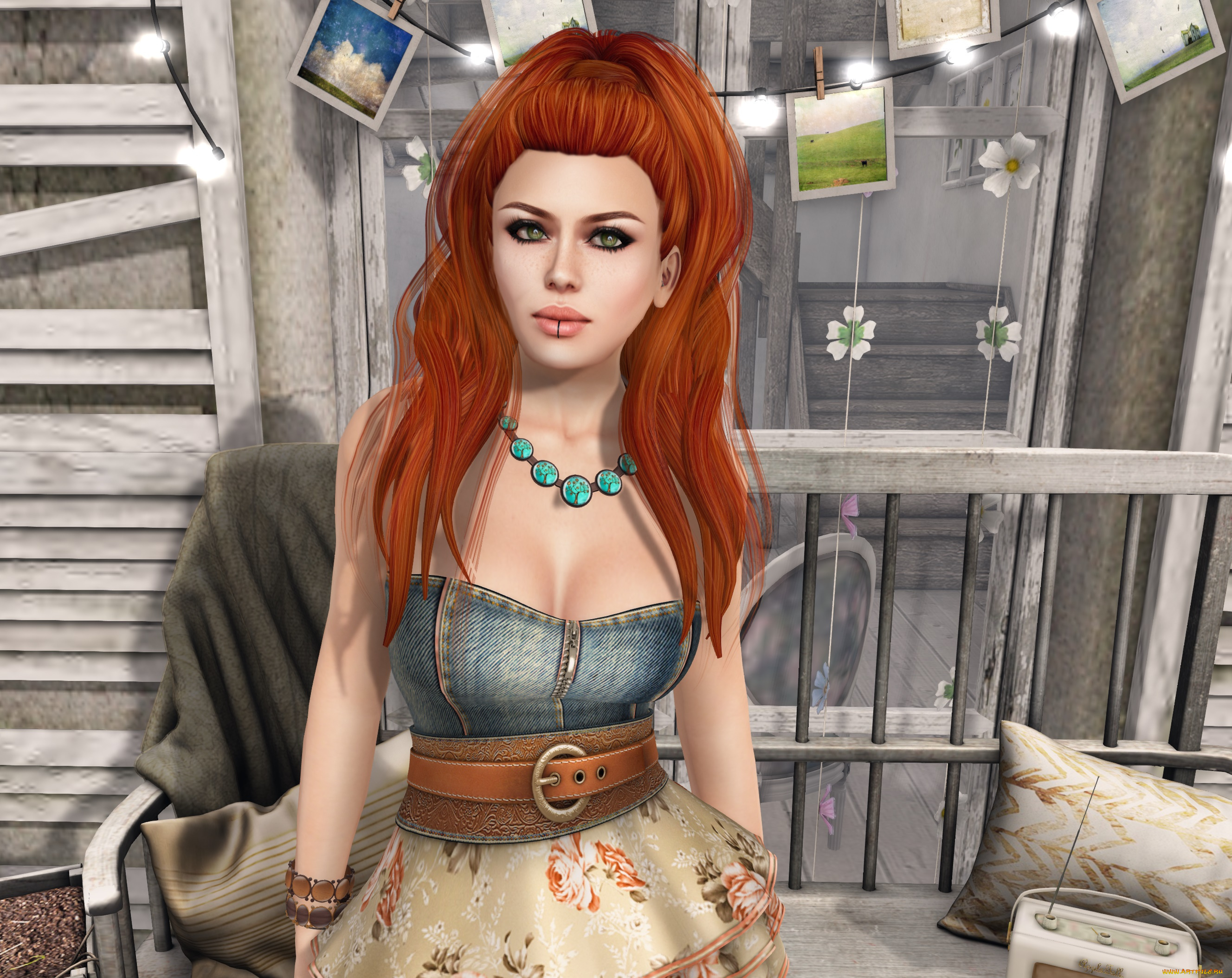 3д, графика, люди, , people, интерьер, рыжая, фон, взгляд, девушка