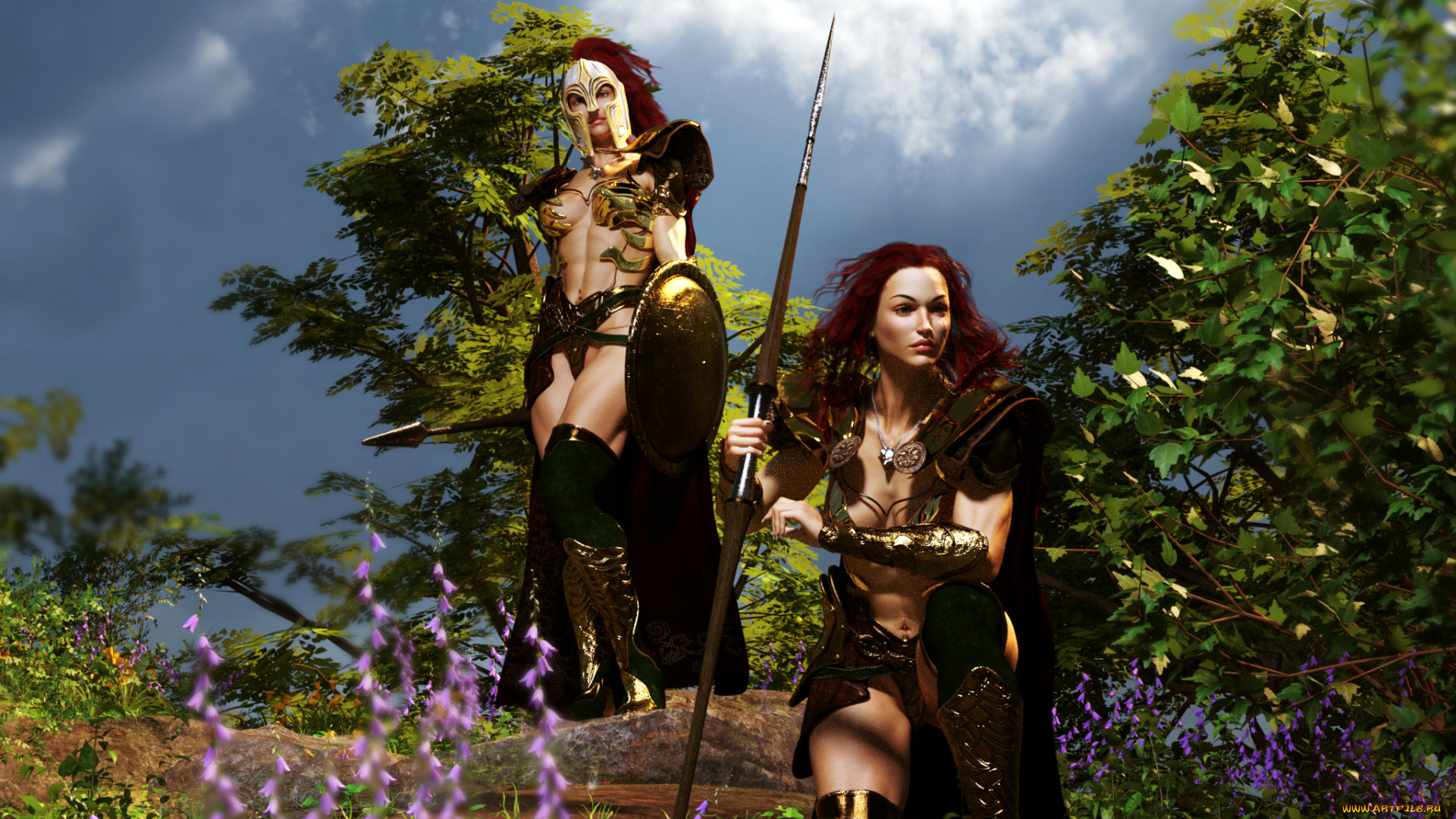 3д, графика, амазонки, , amazon, девушки, взгляд, фон