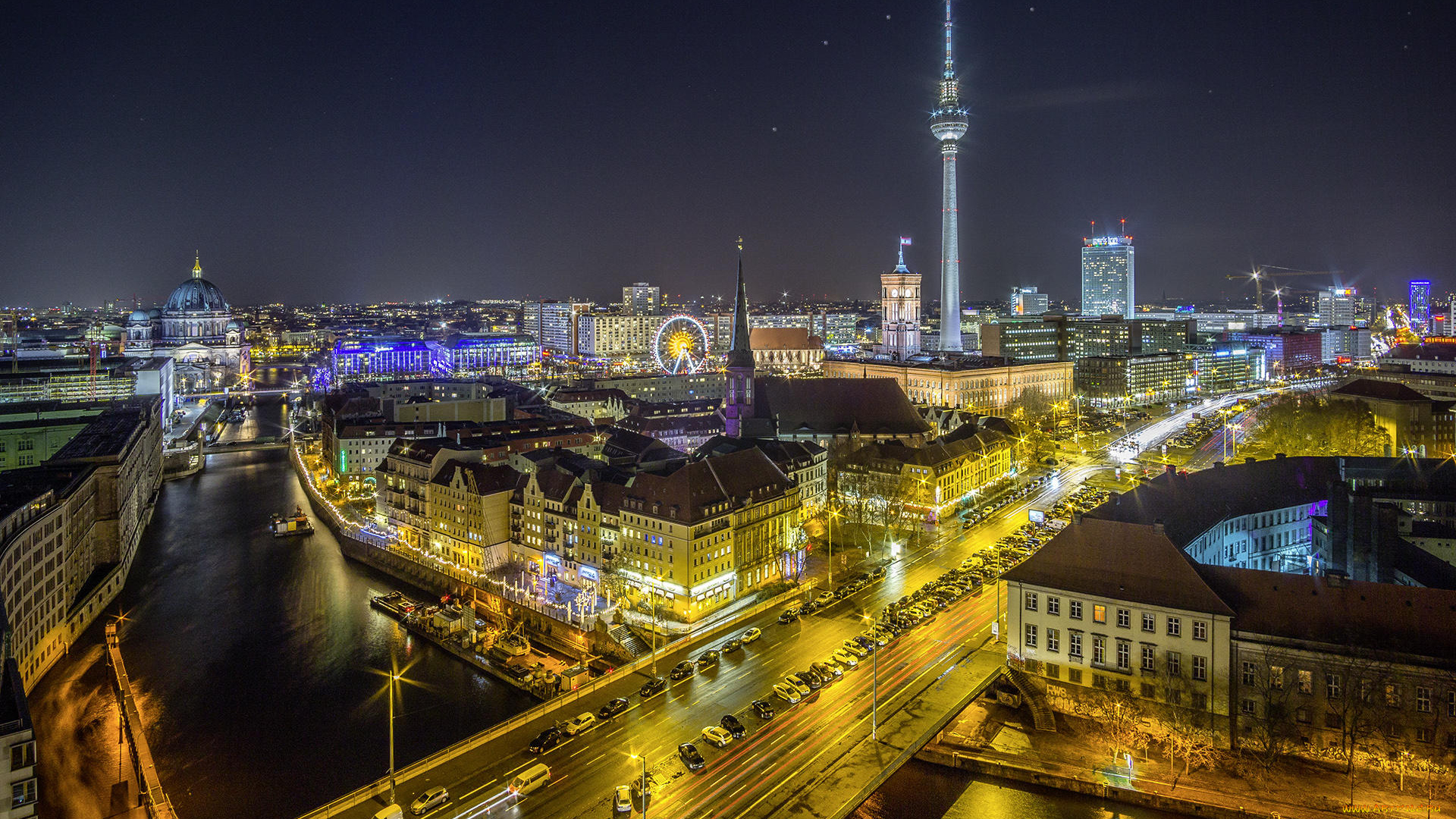 города, берлин, , германия, берлин, огни, ночь, телебашня