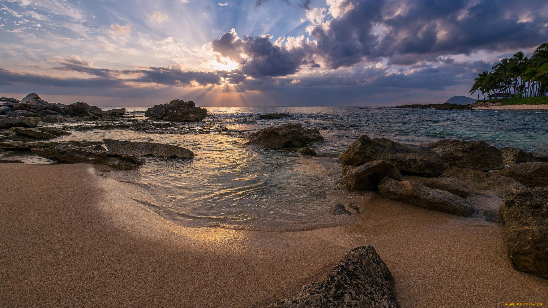 природа, побережье, остров, море, закат, гавайи, оаху