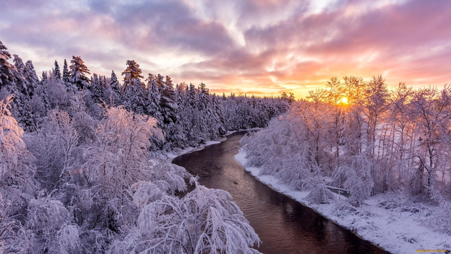 природа, реки, озера, деревья, лес, река, пейзаж, зима