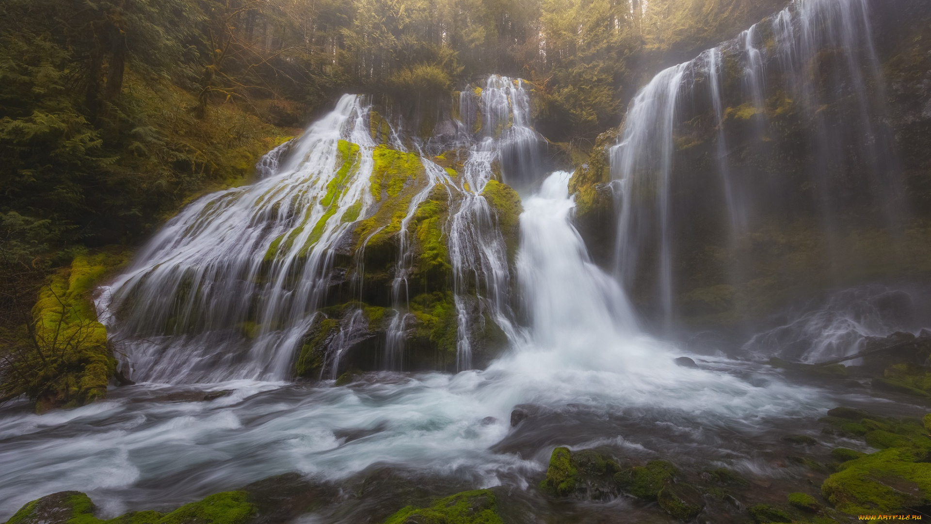 природа, водопады, лес, камни, поток