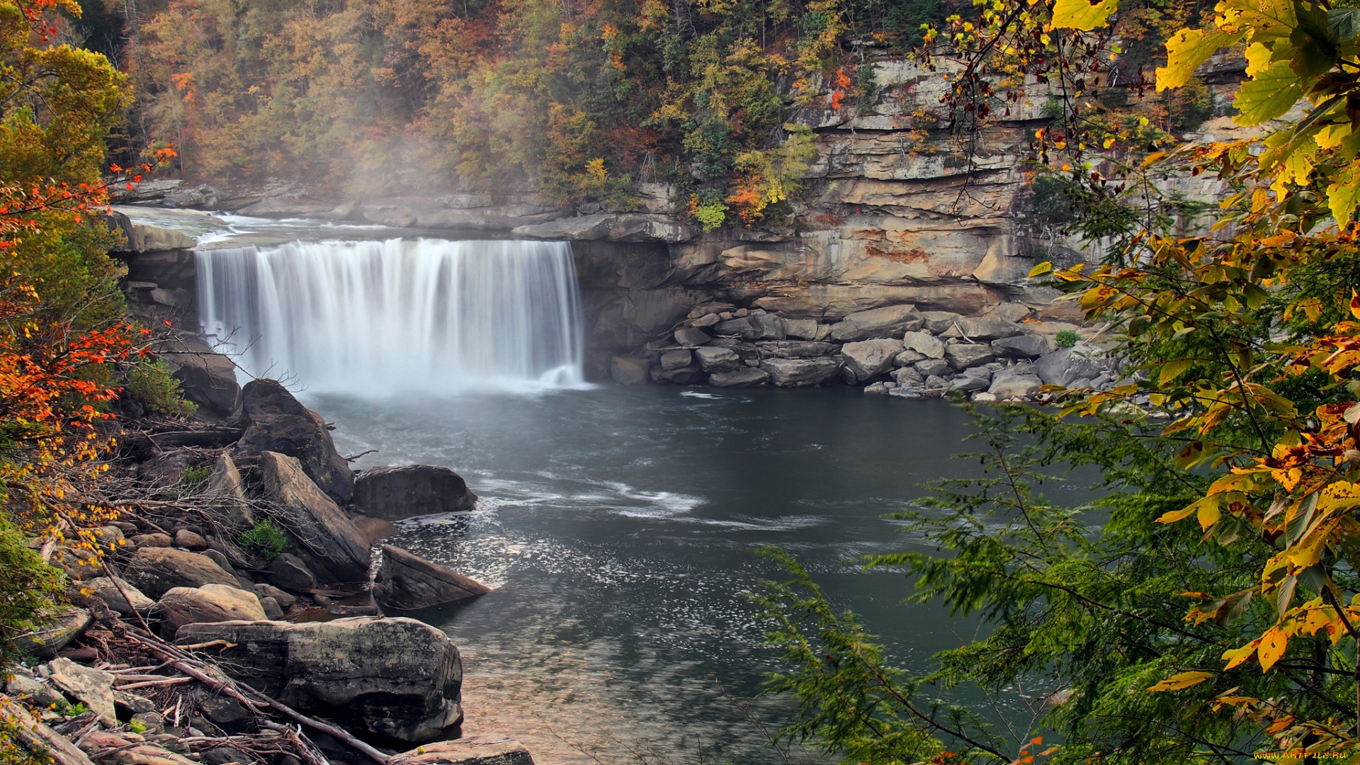 природа, водопады, сша, водопад, река, туман, брызги, деревья, лес, осень