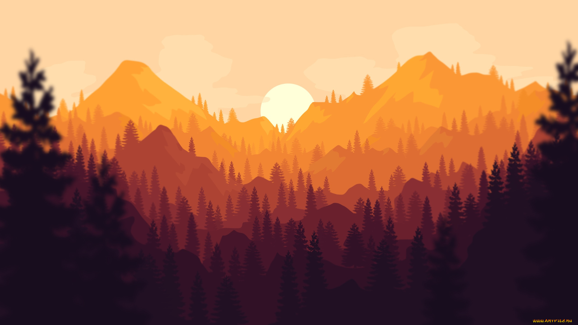 векторная, графика, природа, , nature, закат, лес, горы