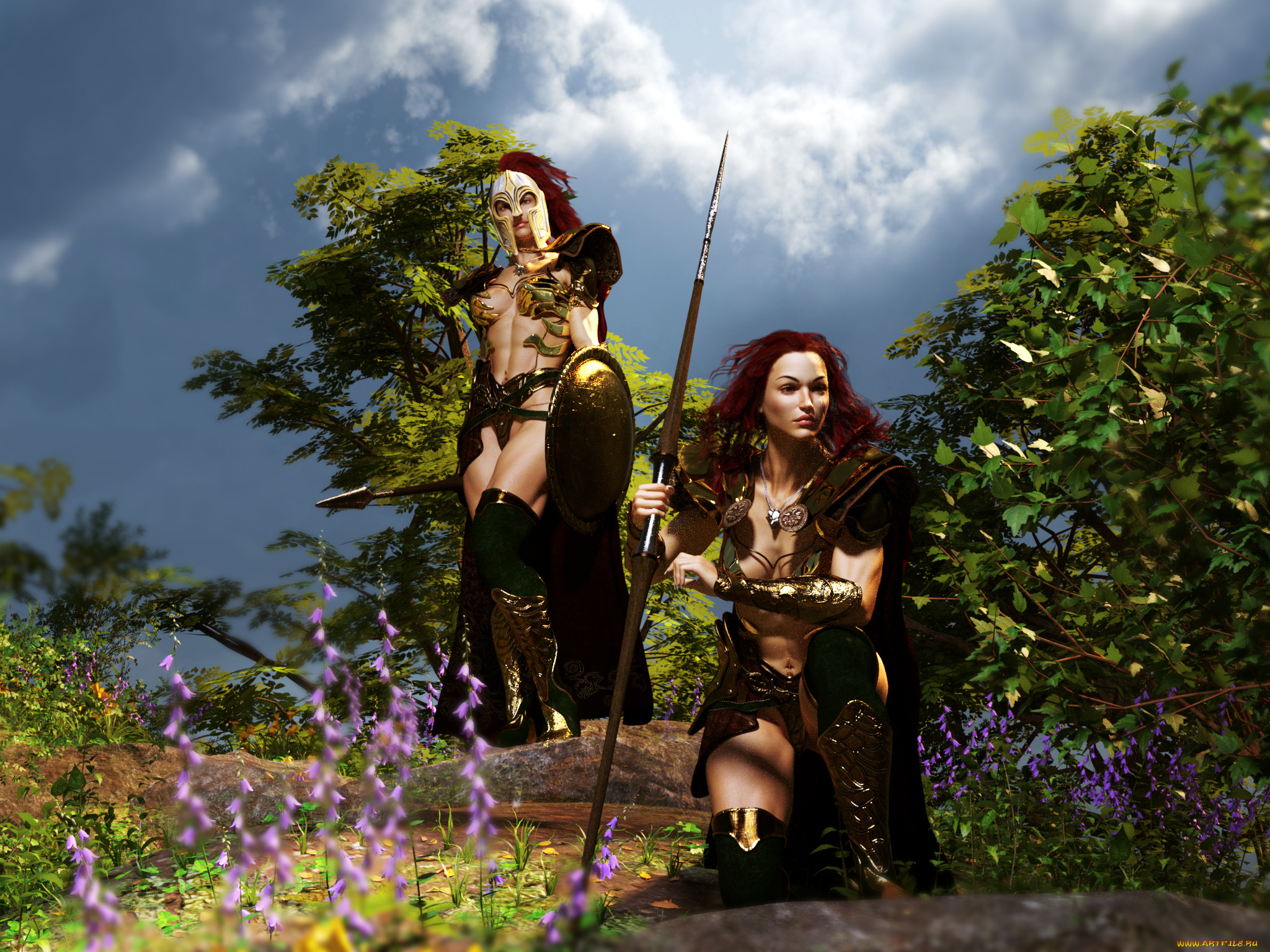 3д, графика, амазонки, , amazon, девушки, взгляд, фон