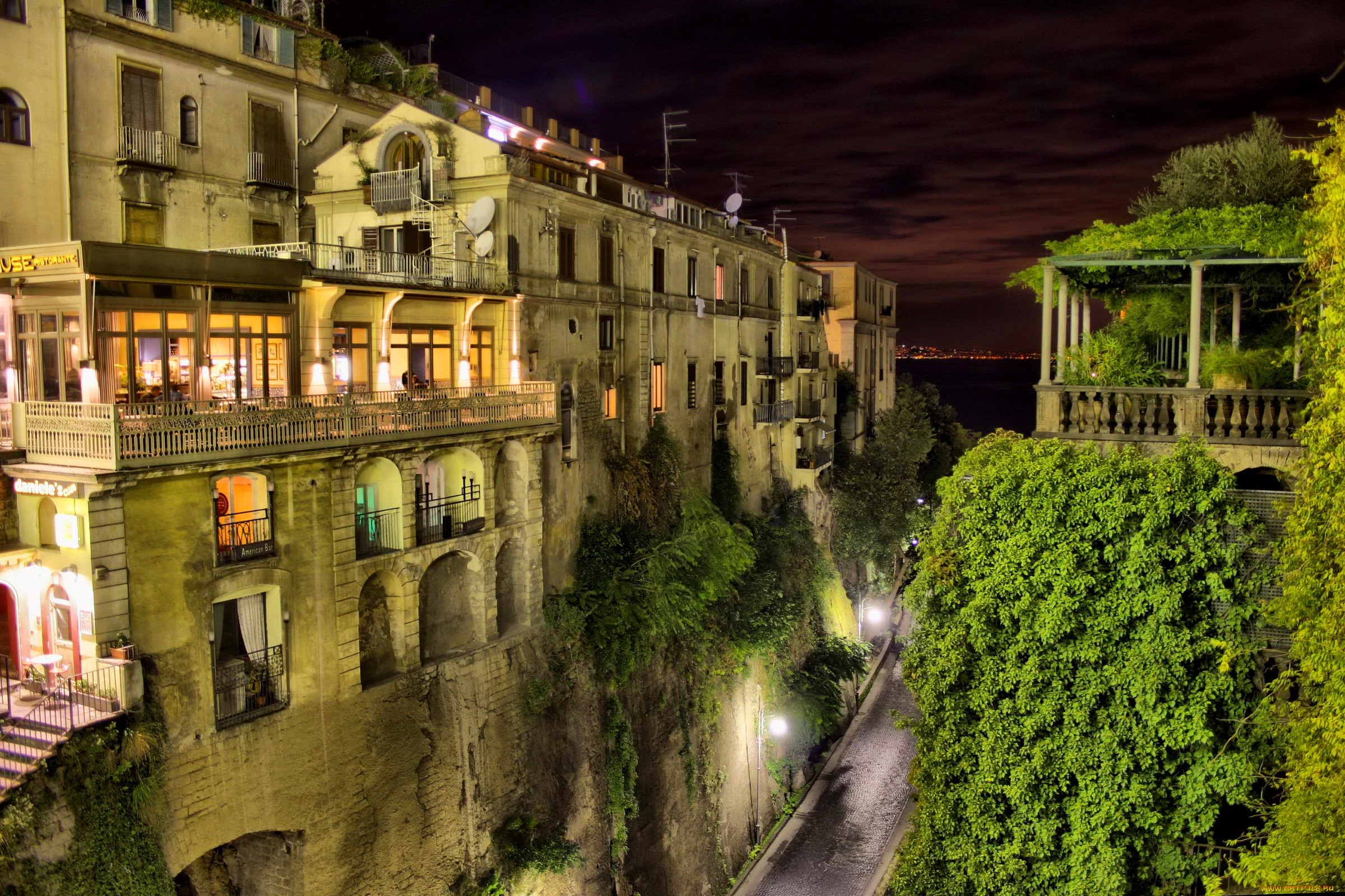 города, -, огни, ночного, города, фонари, италия, дорога, дома, высота, сорренто, балконы, огни, зелень, вид, сверху, переулок, ночь