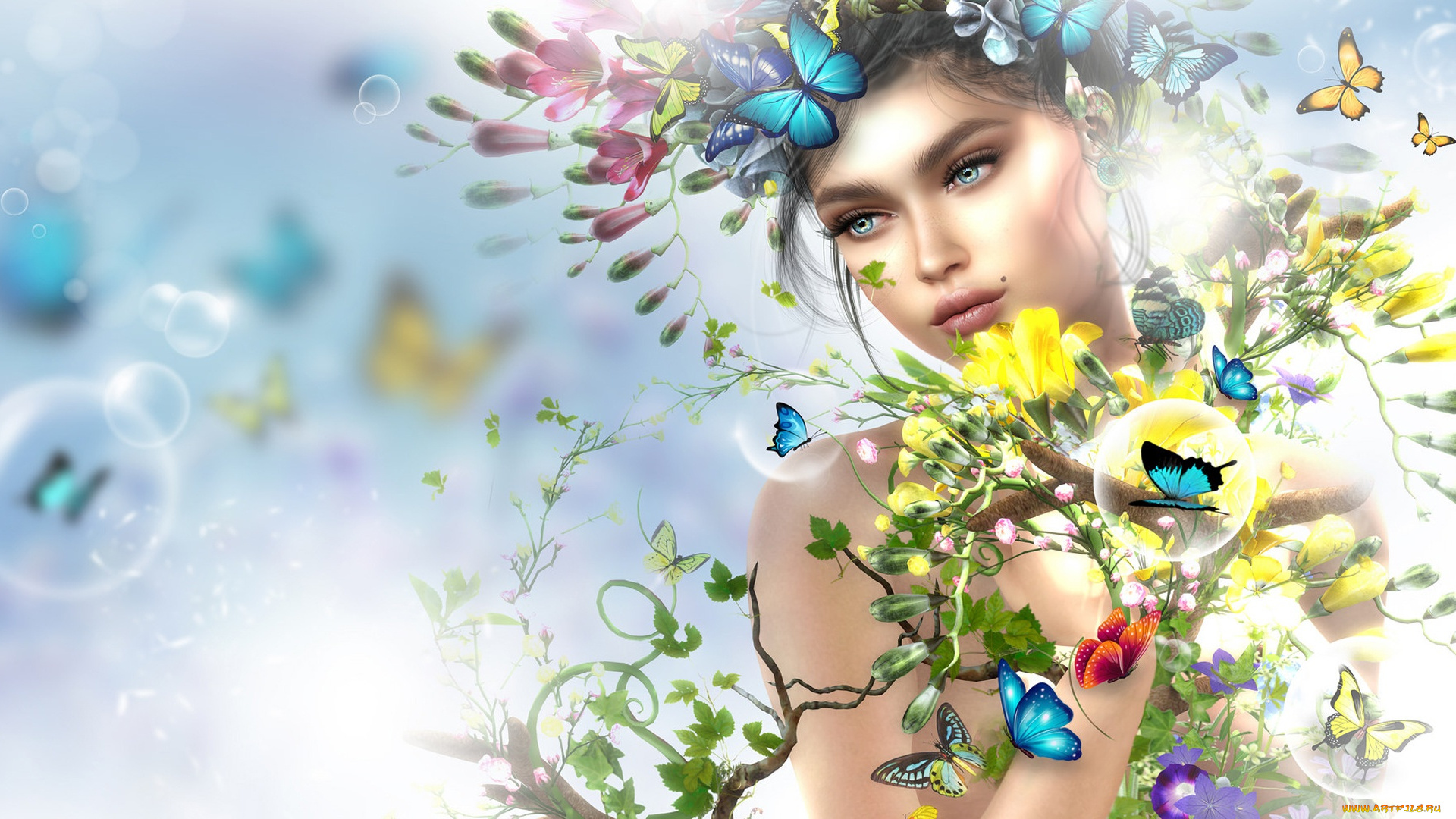 3д, графика, люди, , people, бабочки, девушка, весна, цветы, арт
