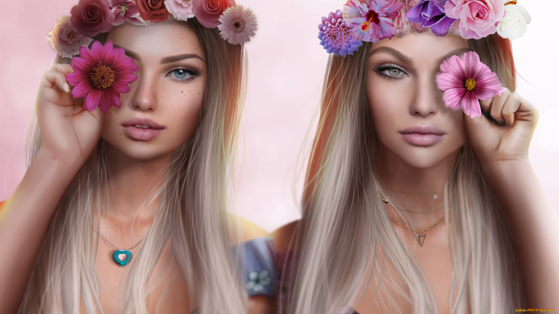 3д, графика, портрет, , portraits, венки, блондинки, девушки, цветы