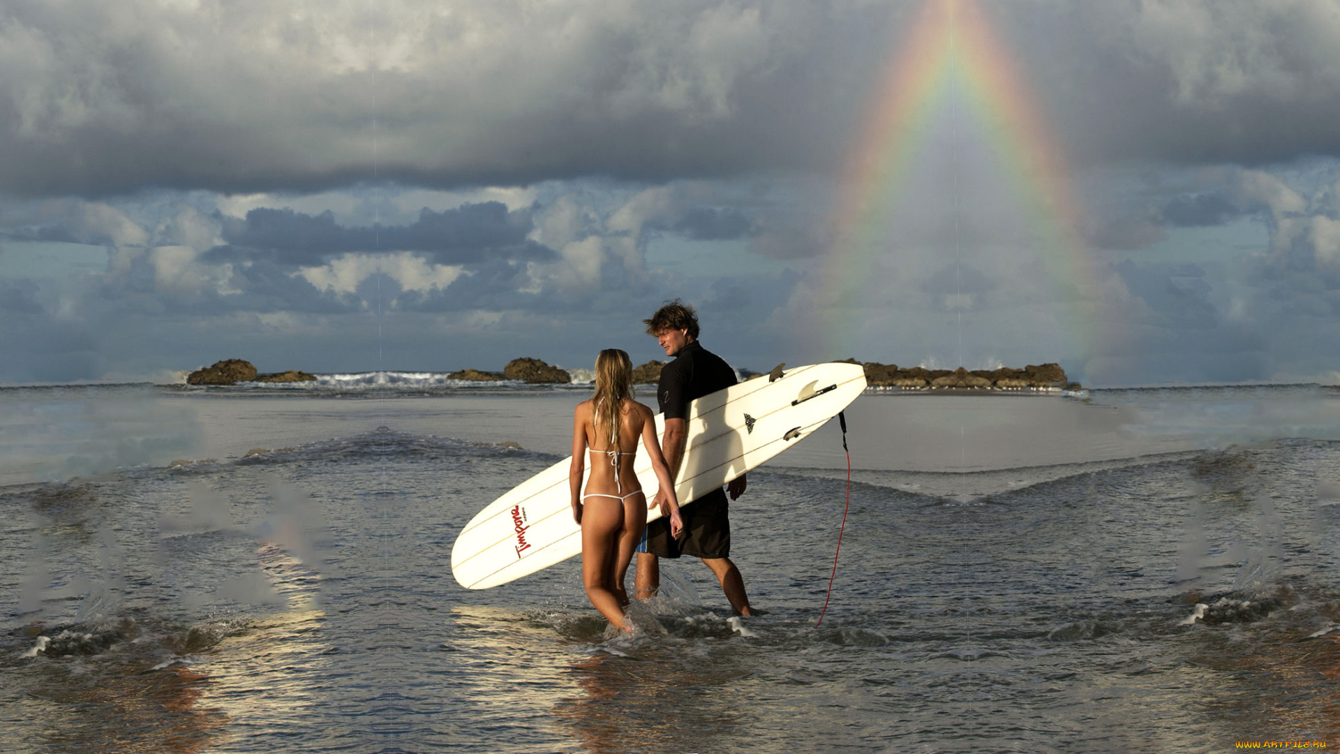 спорт, серфинг, взгляд, парень, грудь, фон, девушка, доска, море