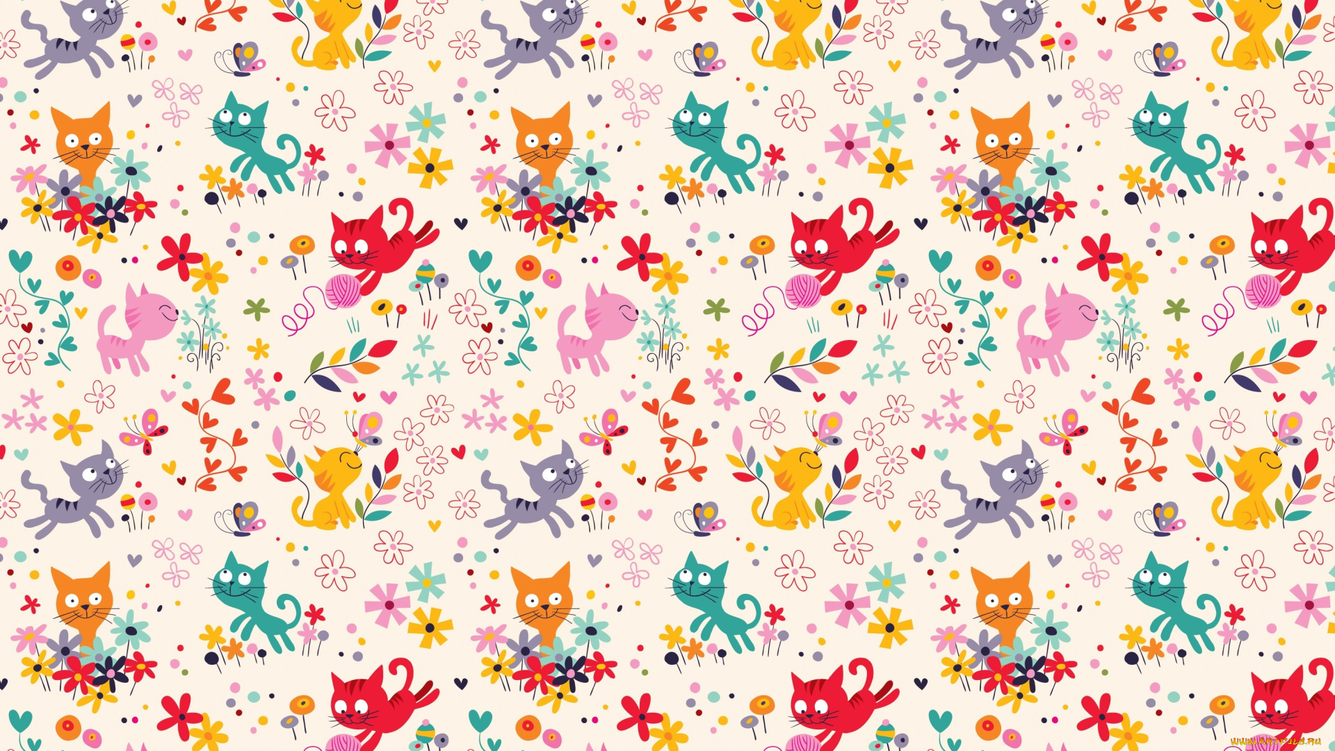 векторная, графика, животные, , animals, клубок, арт, игра, вектор, детская, котёнок, цветочки