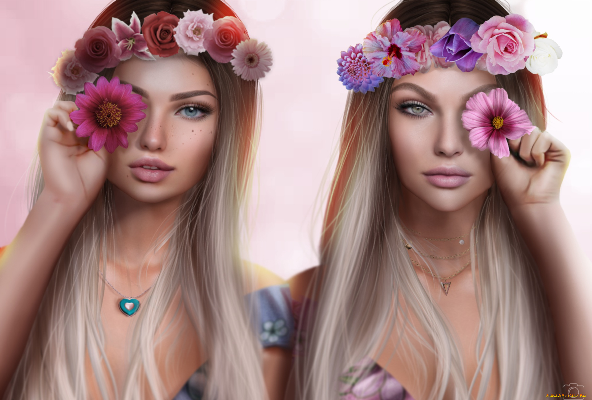 3д, графика, портрет, , portraits, венки, блондинки, девушки, цветы