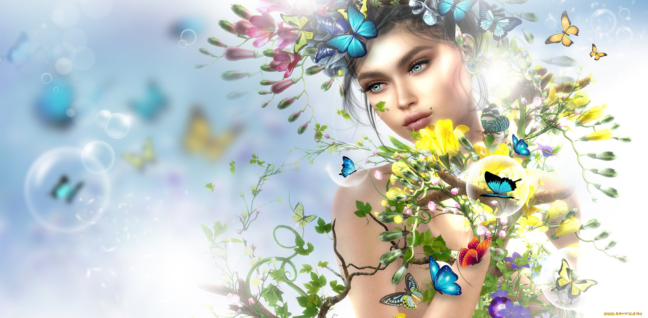 3д, графика, люди, , people, бабочки, девушка, весна, цветы, арт