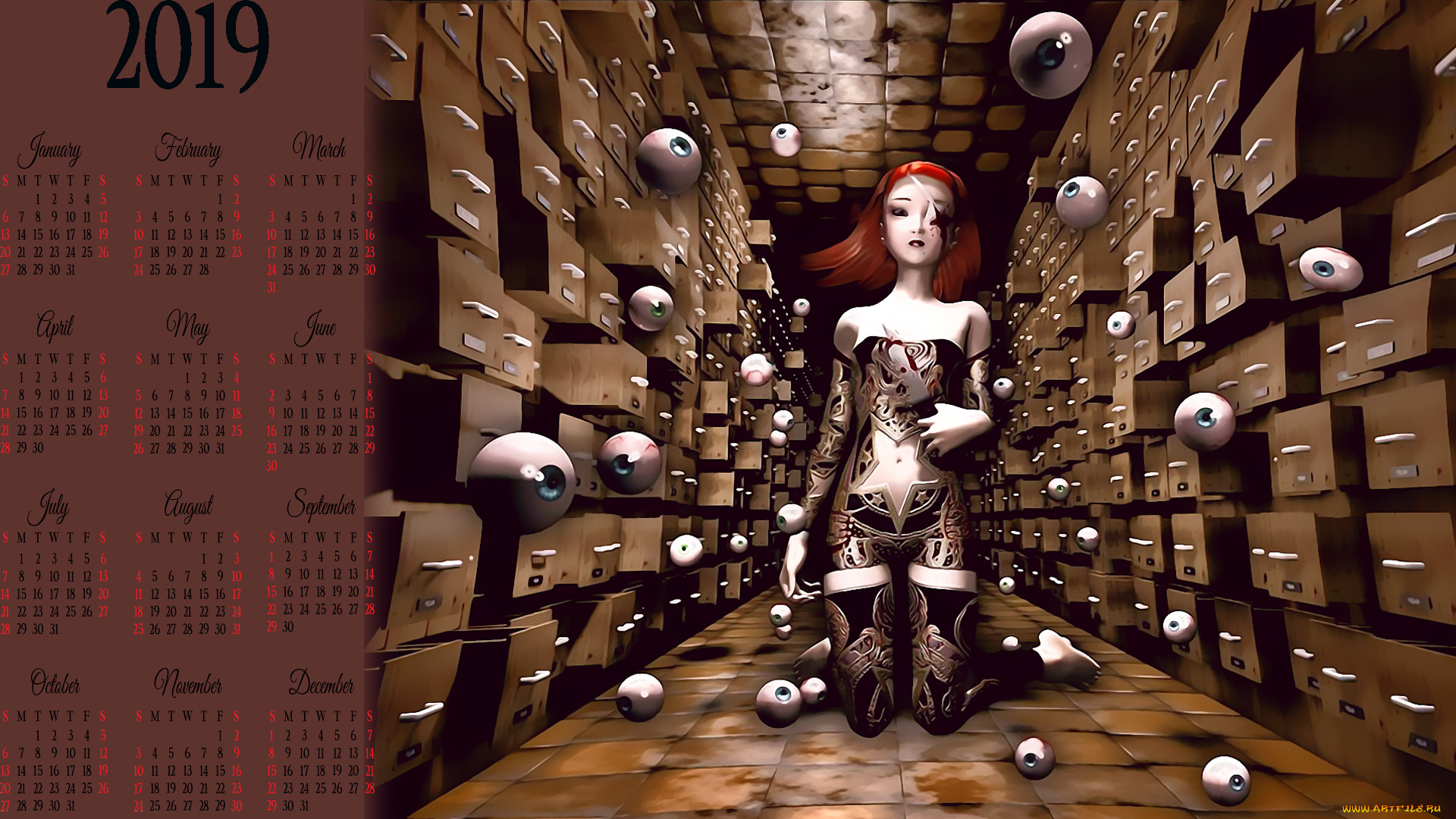 календари, 3д-графика, глаз, око, ящик, девушка