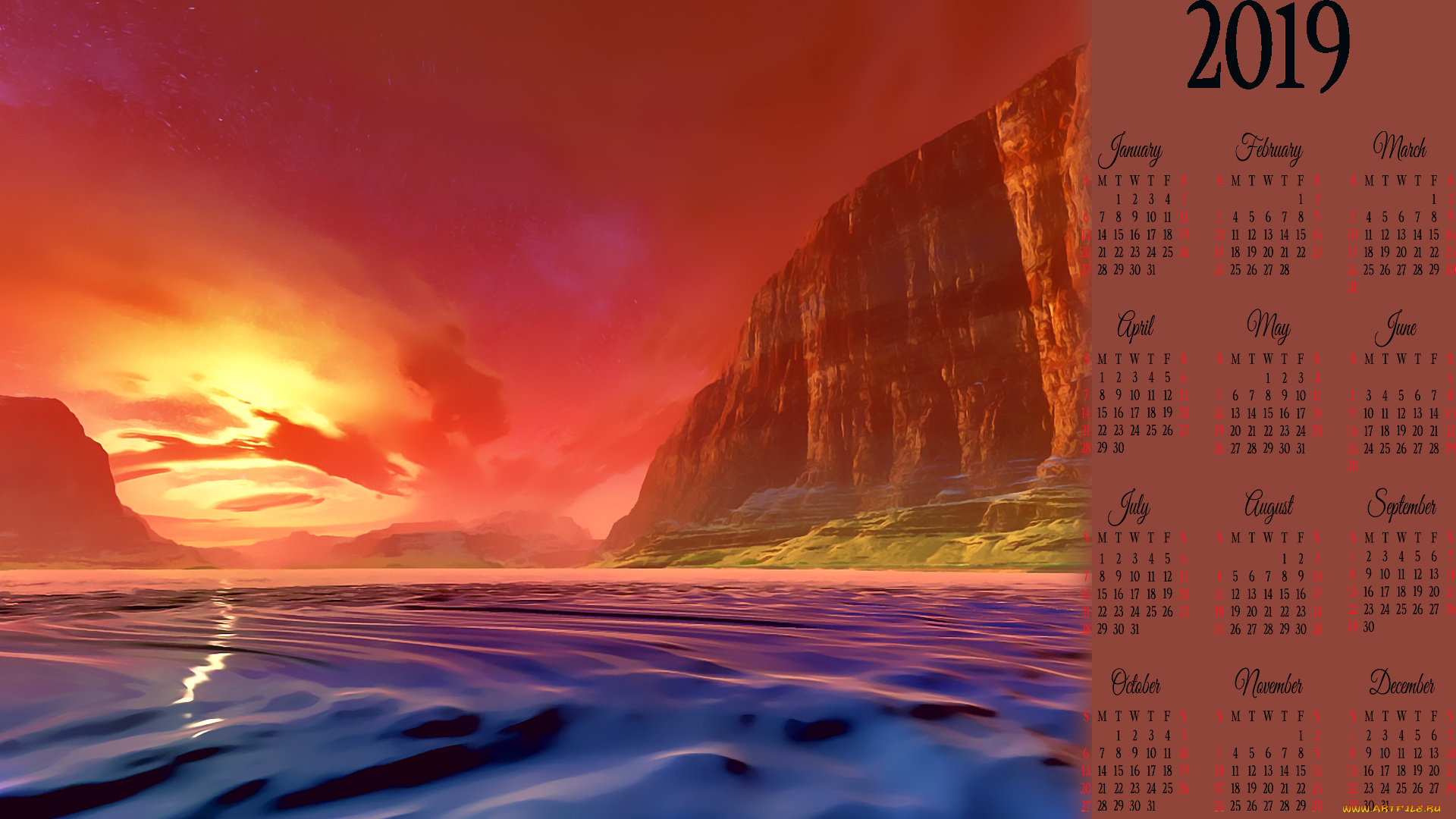 календари, 3д-графика, плато, закат, скала, водоем, гора