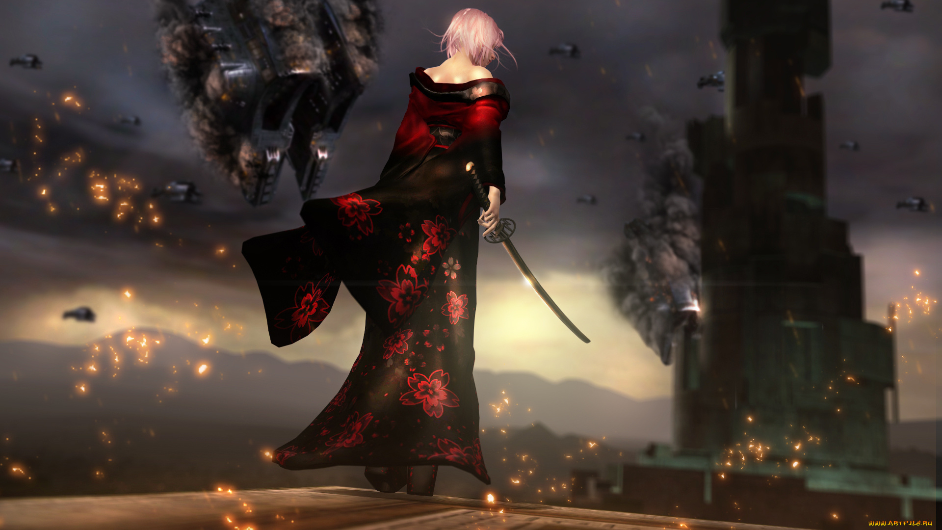 3д, графика, фантазия, , fantasy, девушка, фон, катана, кимоно