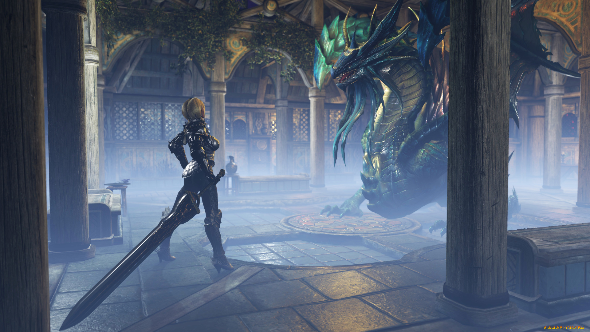 3д, графика, фантазия, , fantasy, девушка, фон, латы, меч, дракон