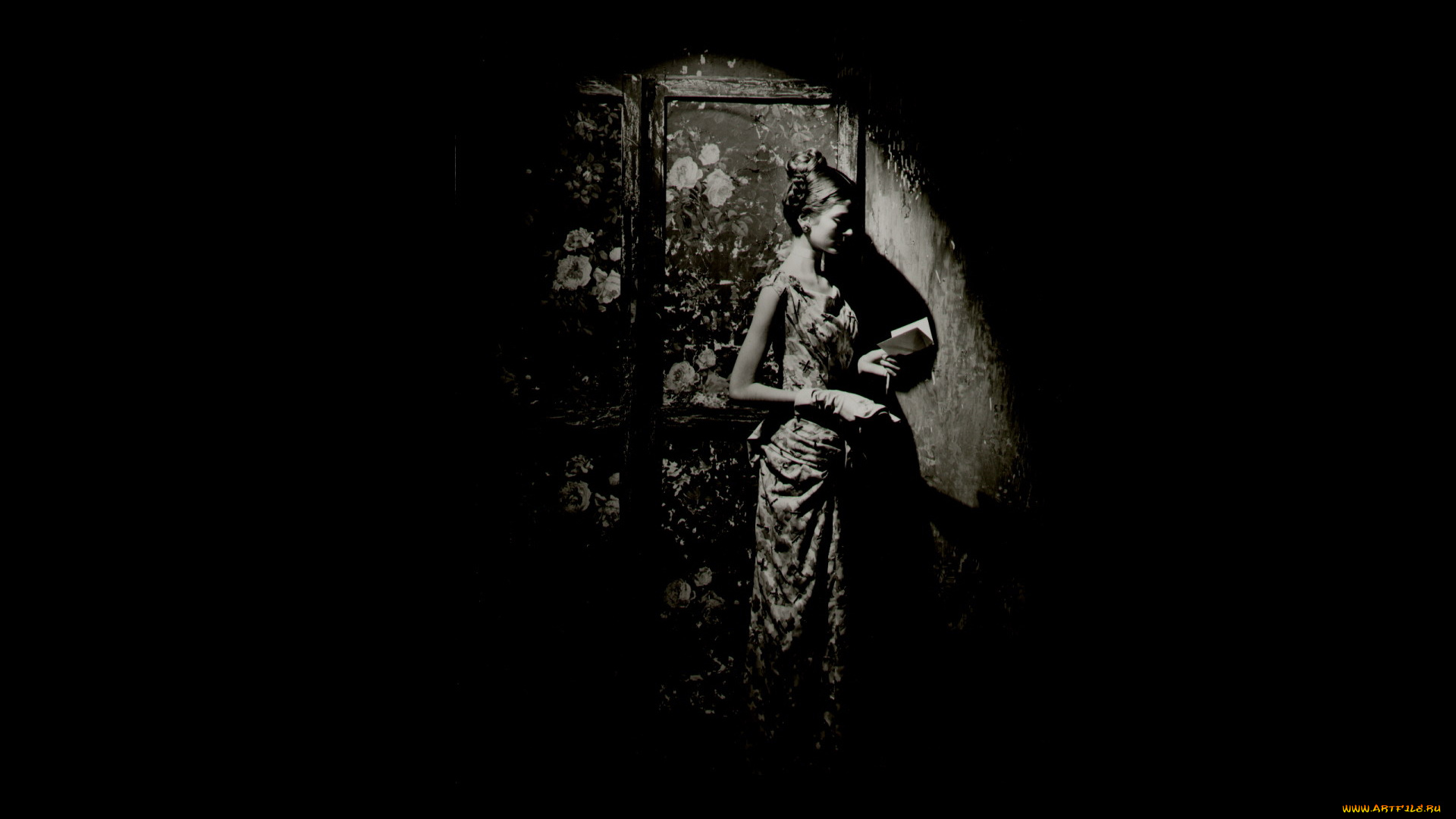 девушки, -, черно-белые, ширма, платье, открытка