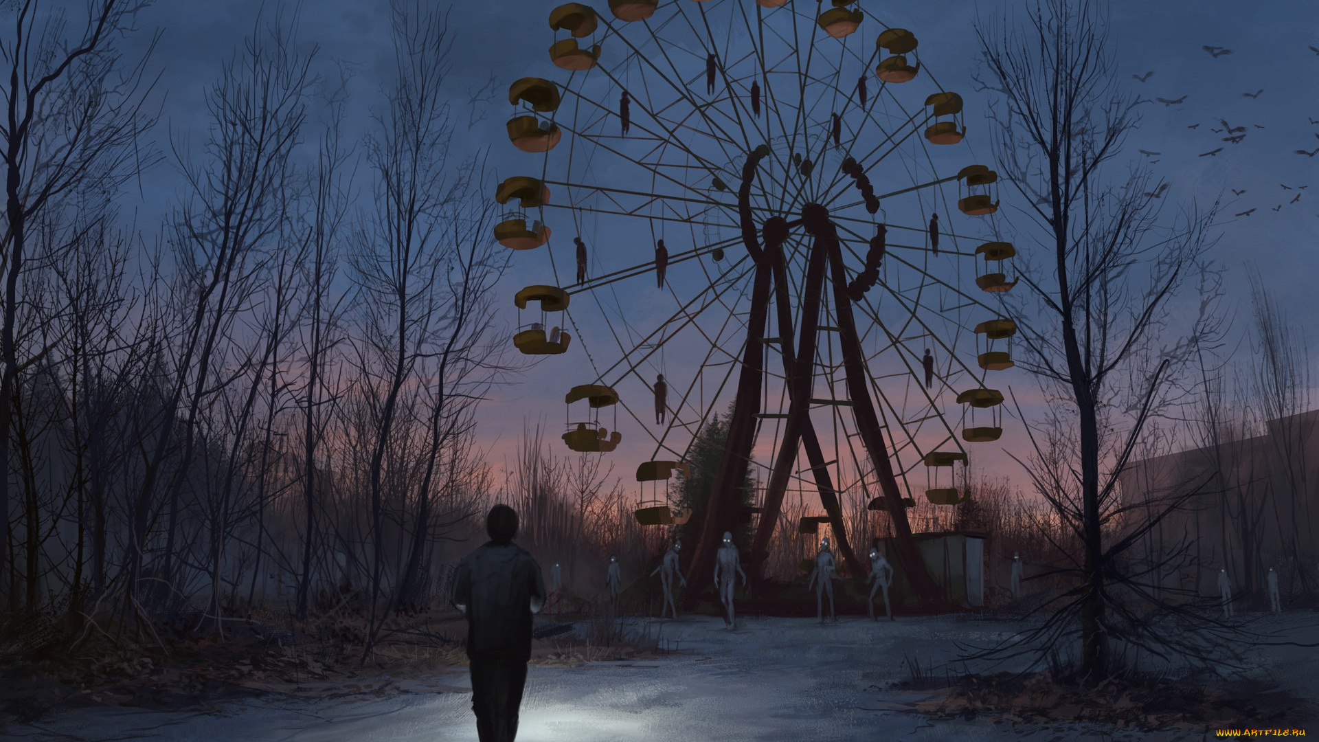 фэнтези, существа, парк, человек, колесо, обозрения, трупы