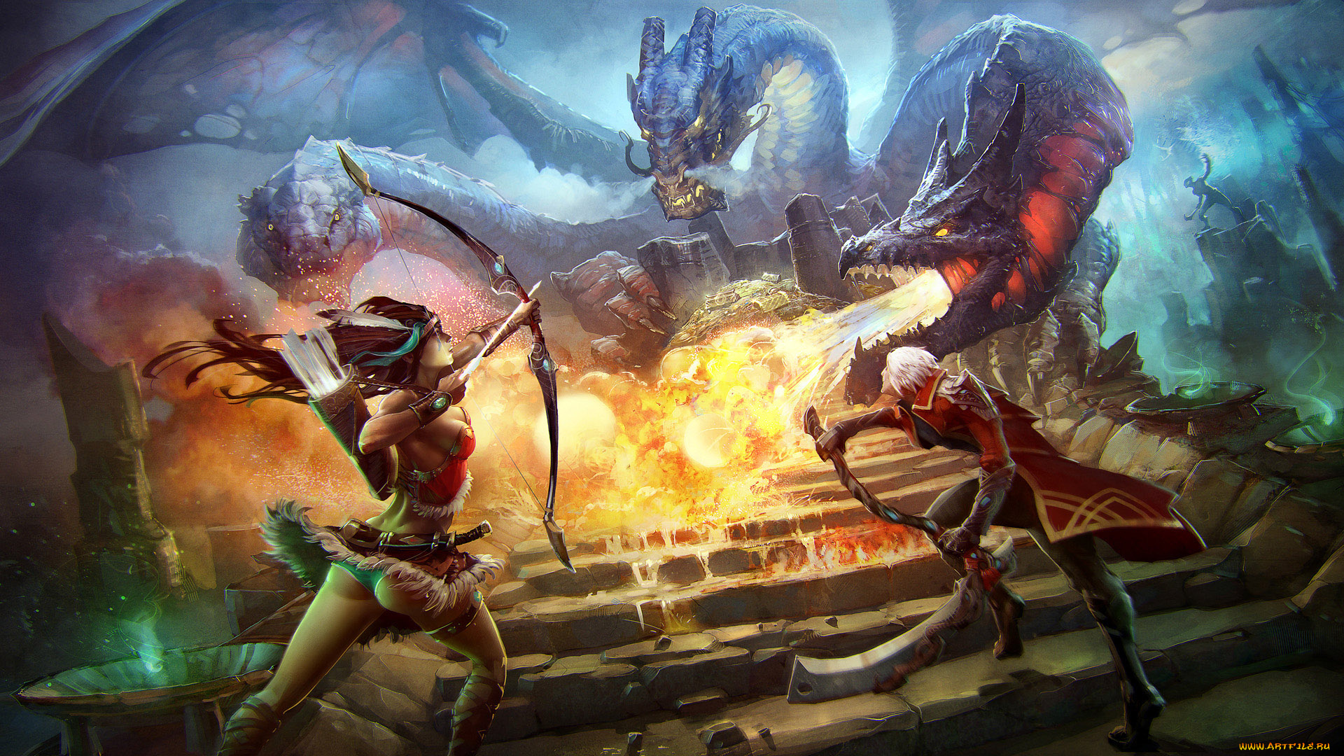 prime, world, видео, игры, девушка, мужчина, дракон, бой, оружие, фон