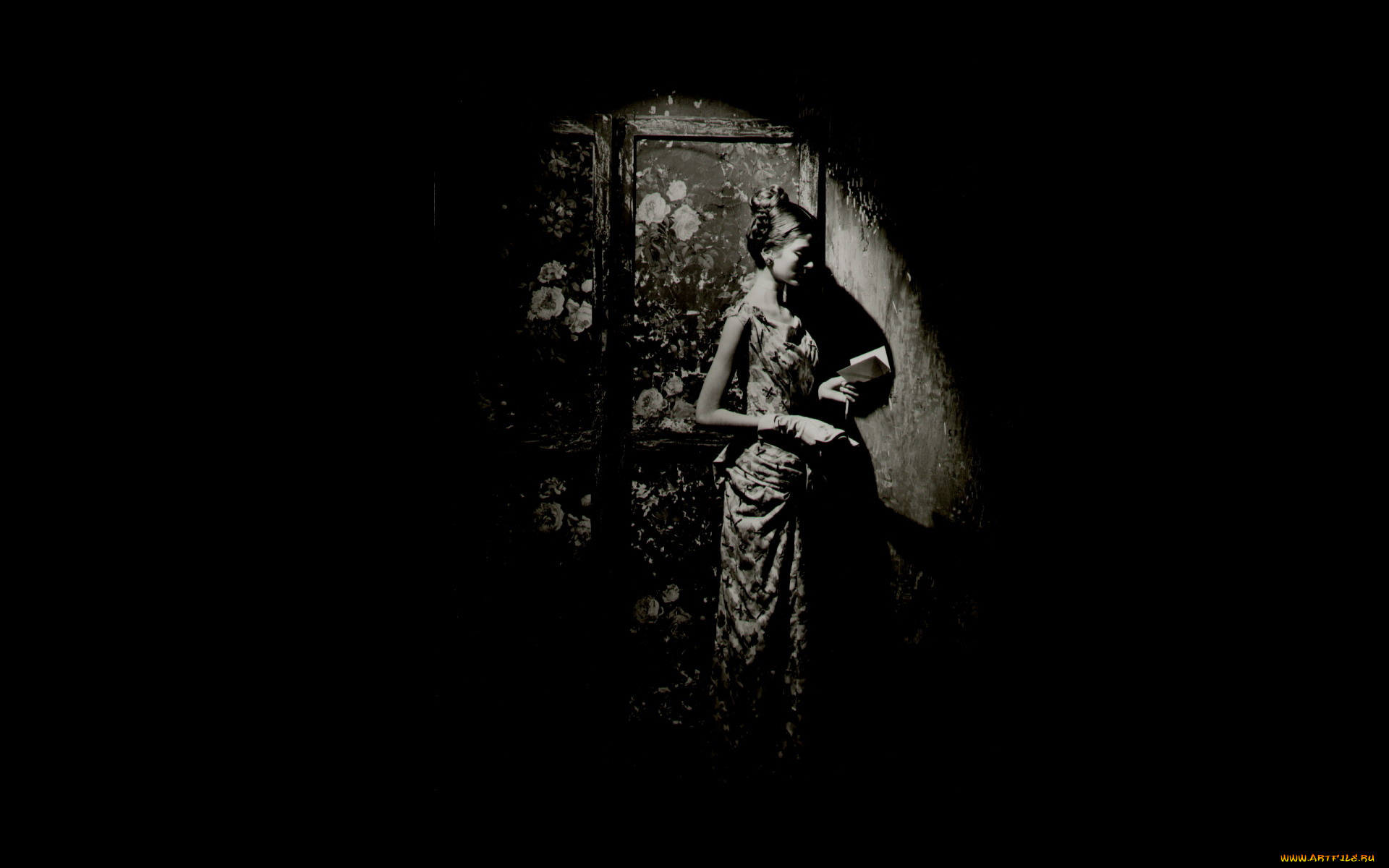 девушки, -, черно-белые, ширма, платье, открытка