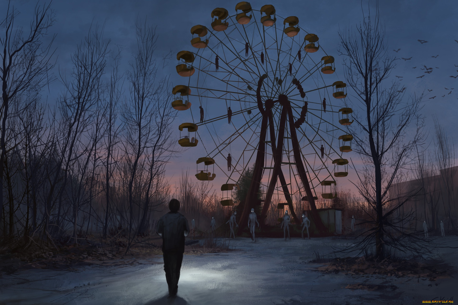 фэнтези, существа, парк, человек, колесо, обозрения, трупы