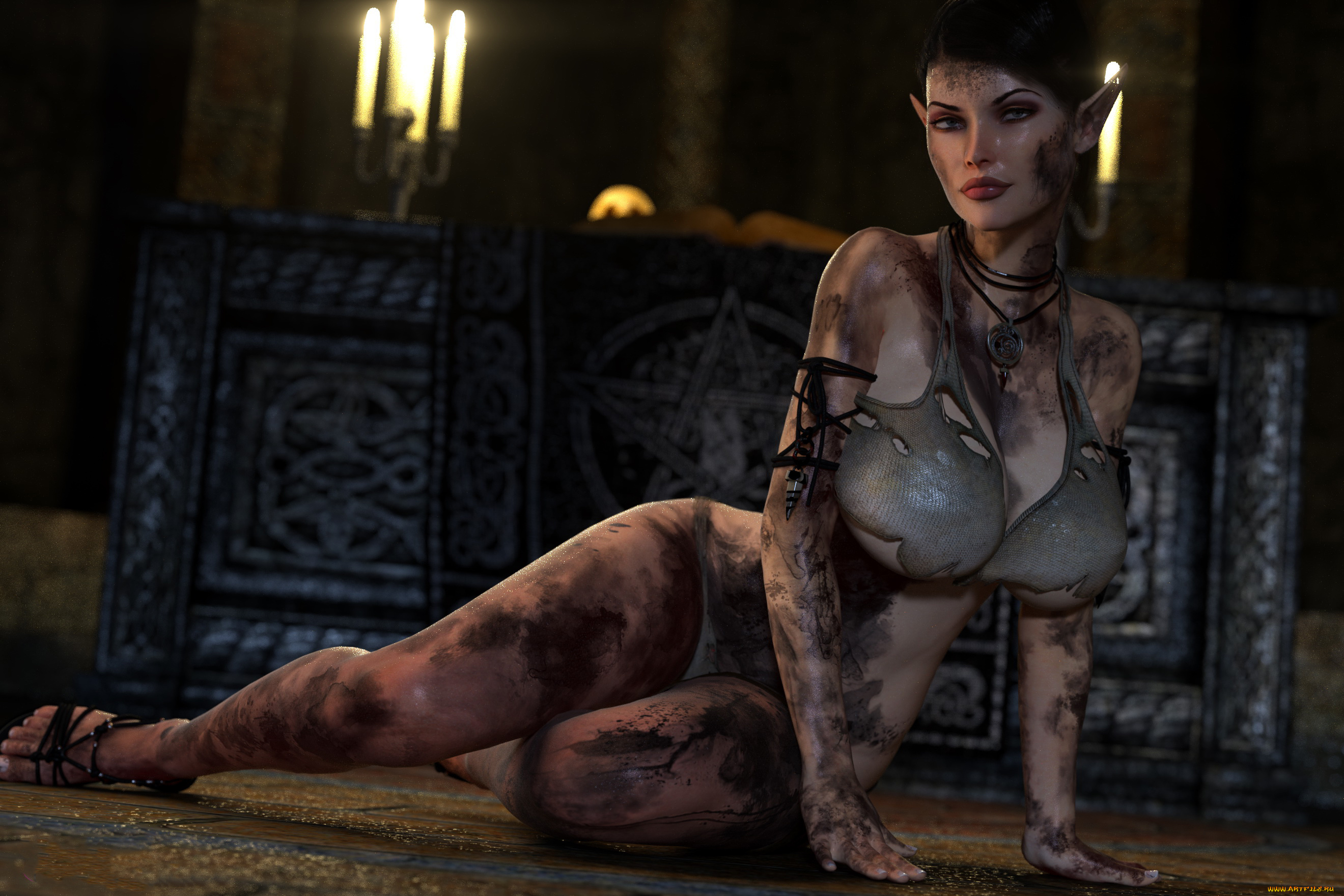 3д, графика, эльфы, , elves, девушка, фон, взгляд, ушки