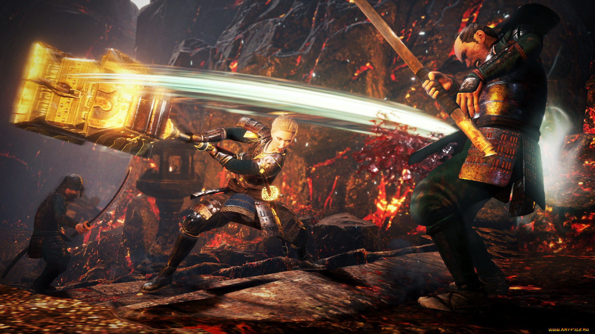 видео, игры, nioh, 2, самураи, девушка, бой, скалы