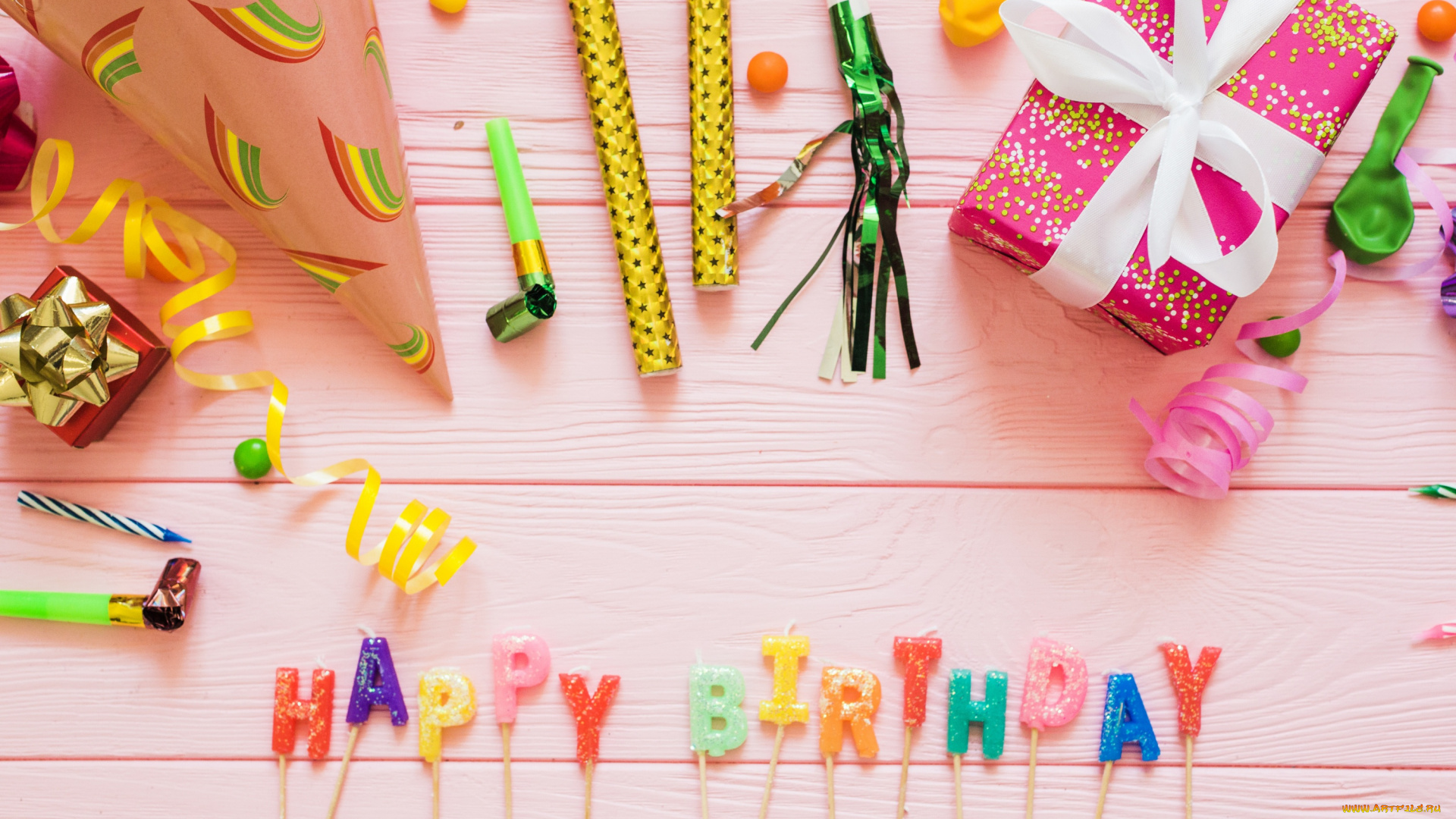 праздничные, день, рождения, колпаки, свечи, серпантин, подарки