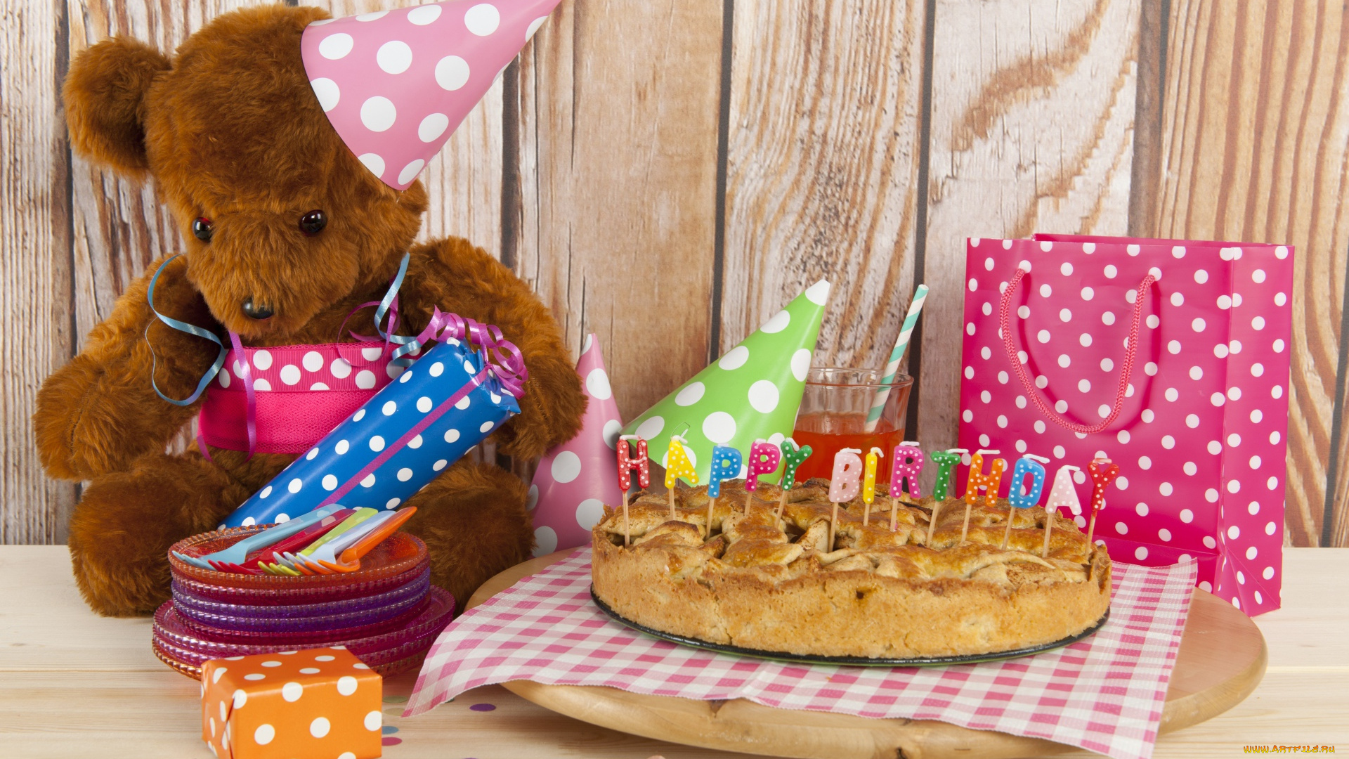 праздничные, день, рождения, мишка, пирог, подарки