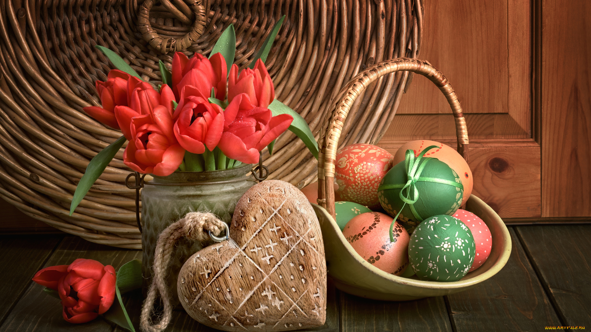 праздничные, пасха, цветы, яйца, весна, тюльпаны, red, love, happy, heart, flowers, tulips, spring, easter, eggs, decoration