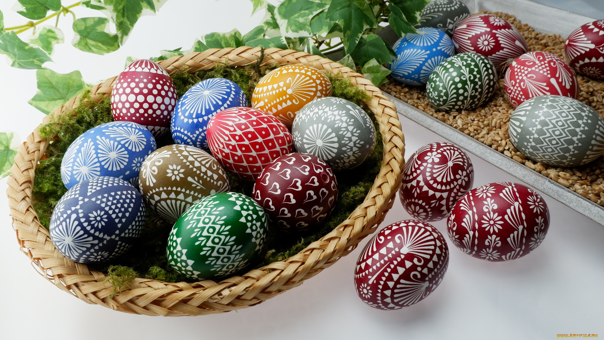 праздничные, пасха, листья, стол, праздник, узор, зерно, яйца, весна, орнамент, разноцветные, плетенка, роспись, крашеные, крашенки, композиция