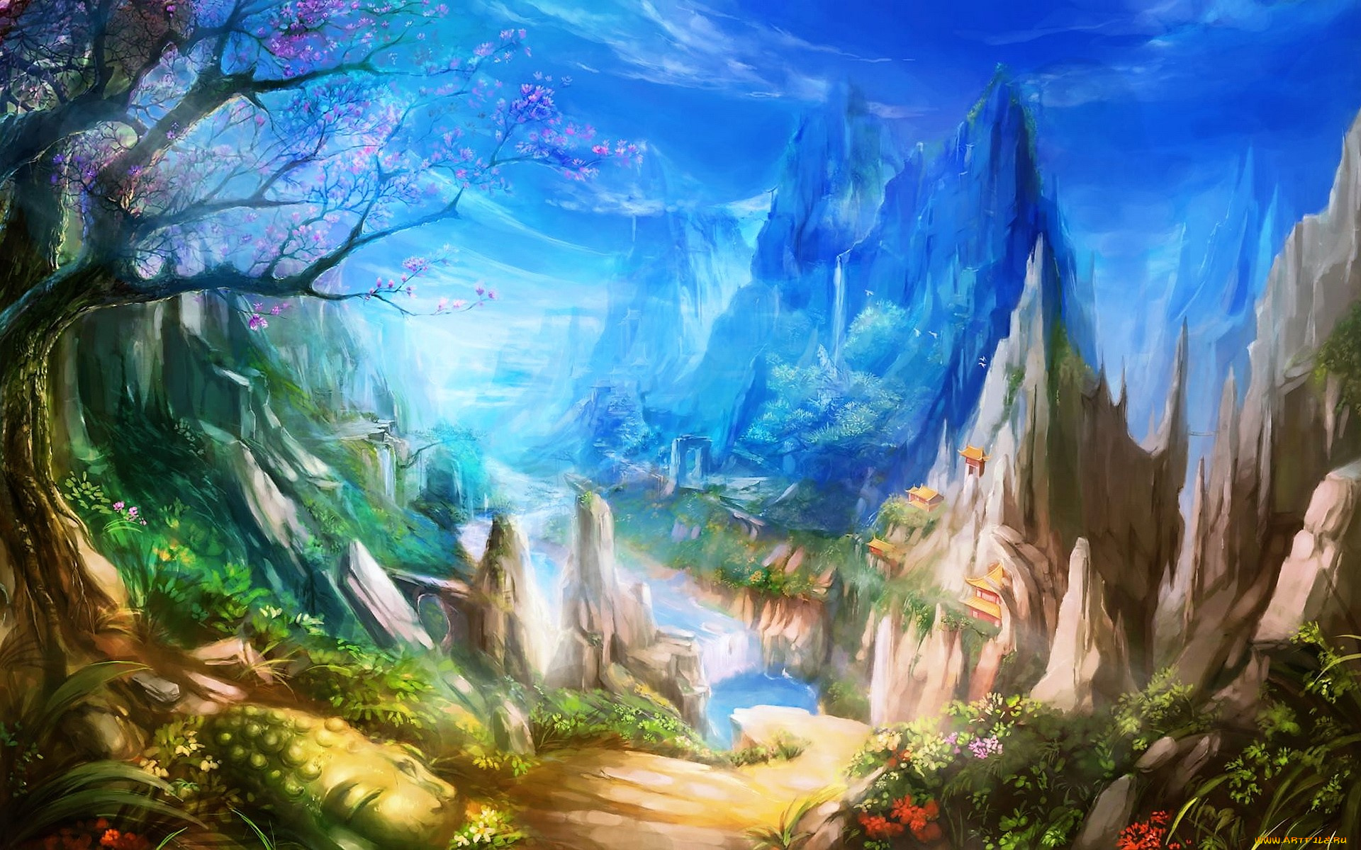 фэнтези, пейзажи, скалы, река